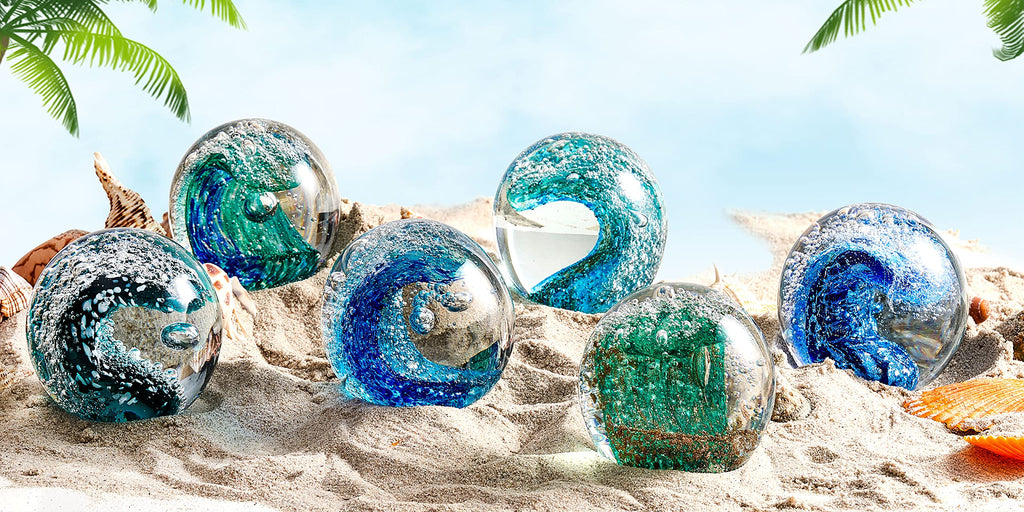 Hand Blown Glass Figurines Ball Ocean Waves,Paperweight Glass Ball,Home Decor Collectible,Aquarium Decor,Office Decor Ocean Lovers
