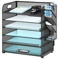 SUPEASY 6 Tier Paper Organizer with 4 Pen Holders, Mesh Letter Tray with Handle, Paper Tray Organizer for A4 Files, Black