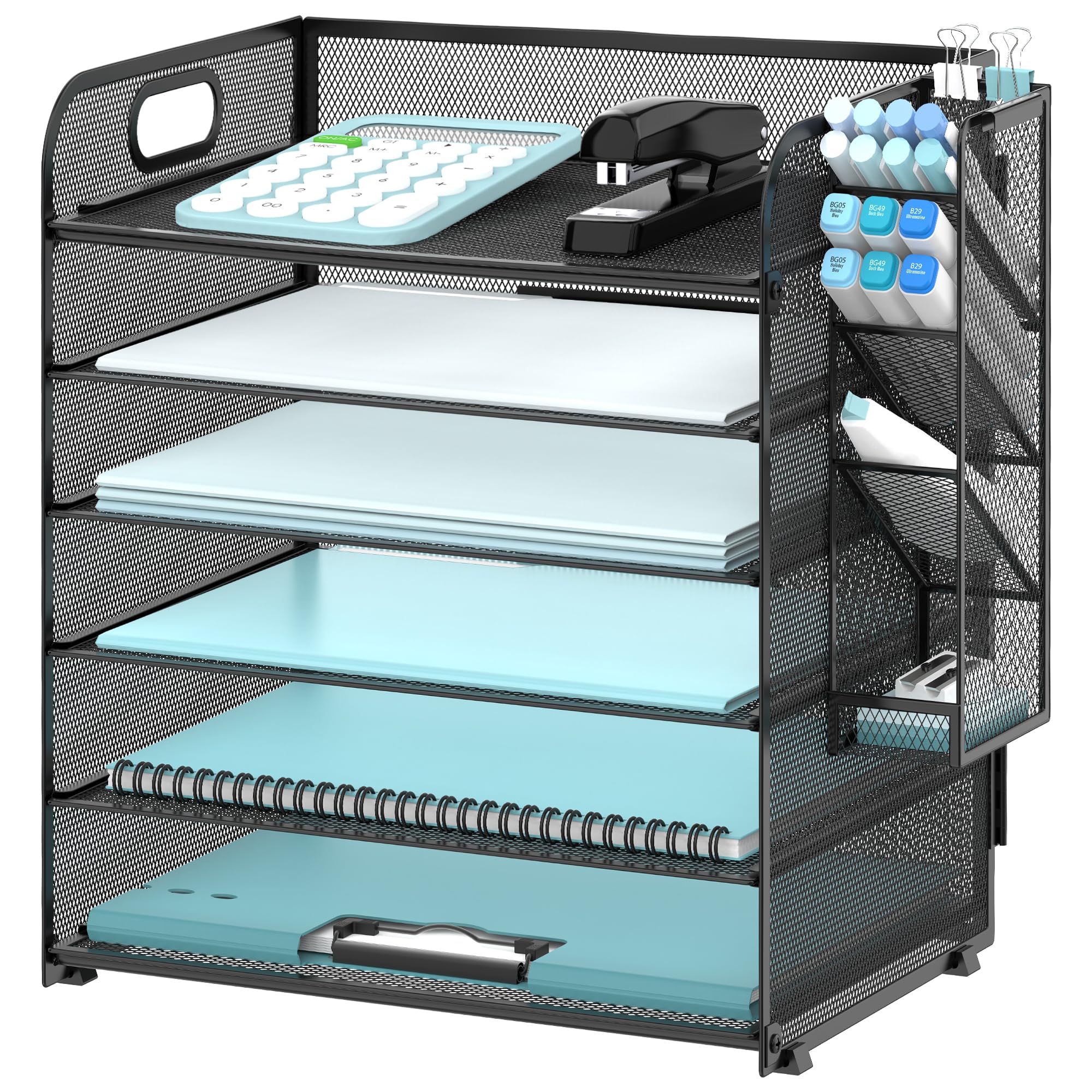 SUPEASY 6 Tier Paper Organizer with 4 Pen Holders, Mesh Letter Tray with Handle, Paper Tray Organizer for A4 Files, Black
