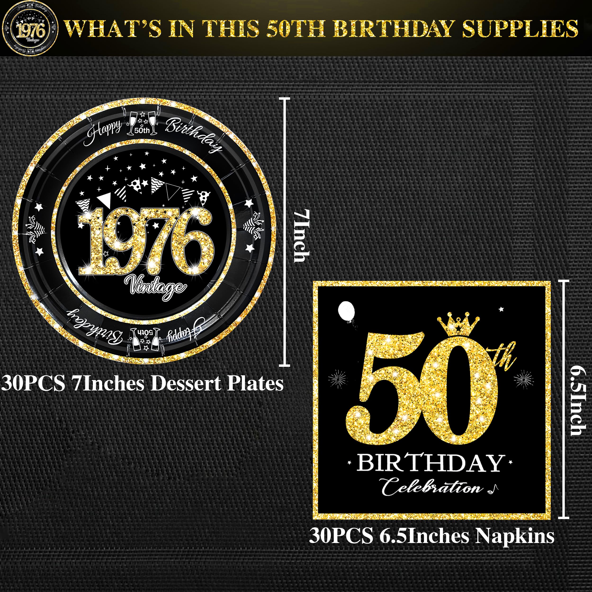 algpty 60 PCS Vintage 50th Birthday Plates and Napkins Set, 50th Birthday Decorations Black and Gold, Service for 30, 1976 Dessert Plates and Napkins Party Supplies for Men Women