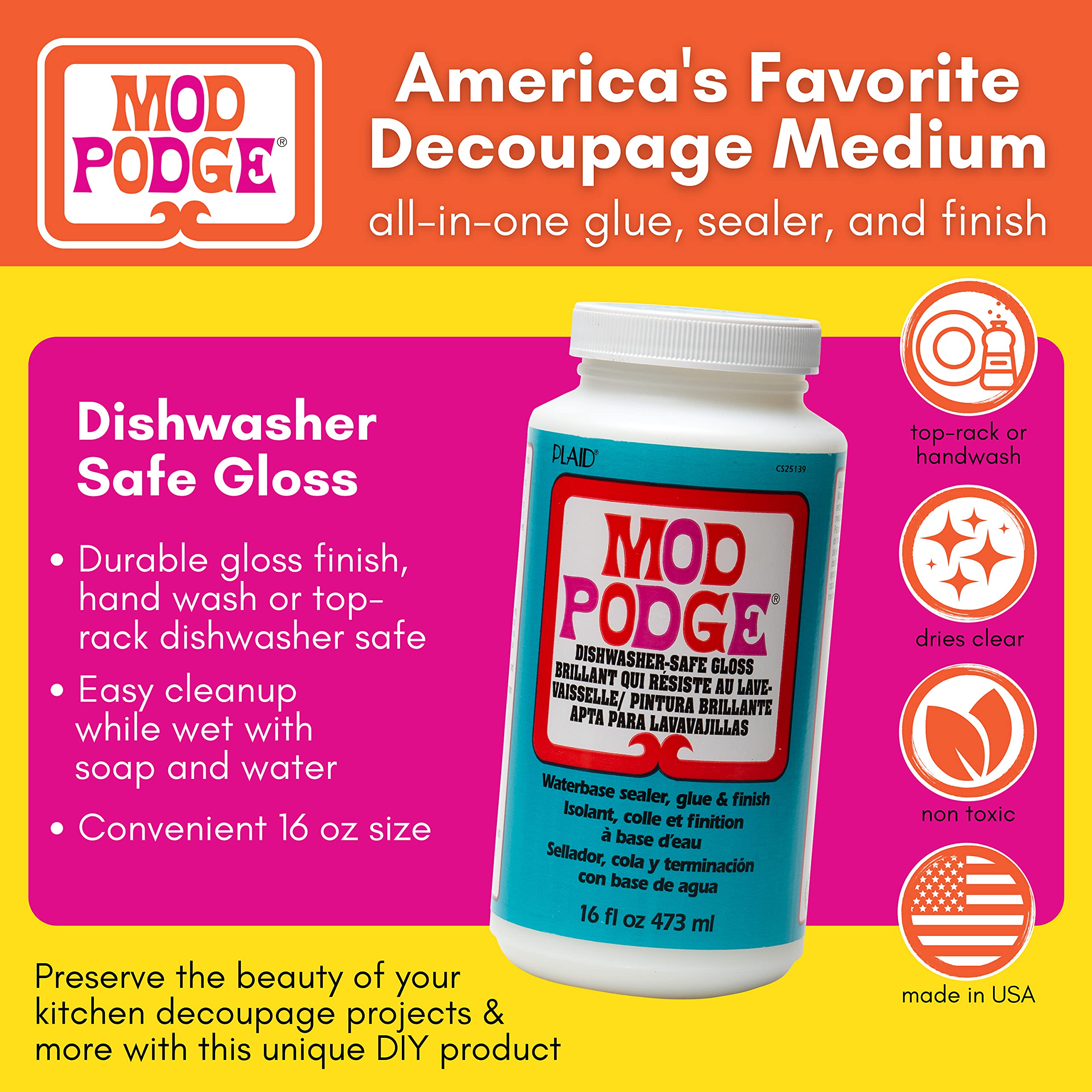 Mod Podge Dishwasher Safe Waterbase Sealer, Glue and Finish (16-Ounce), CS25139 Gloss