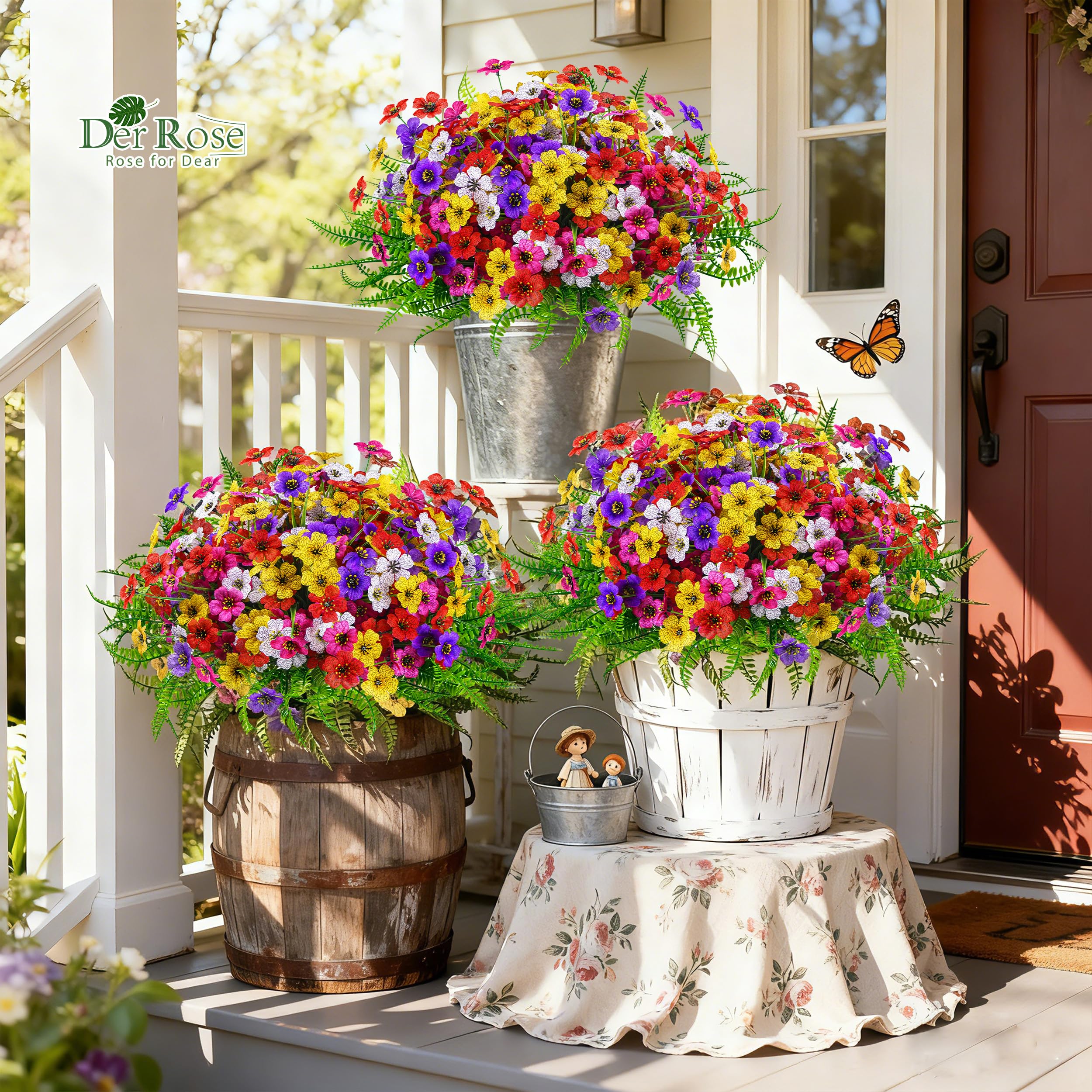 Der Rose 24 Bundles Artificial Flowers for Outdoors Decoration Faux Ferns Fake Flowers for Spring Summer Home Garden Patio Front Porch Decor