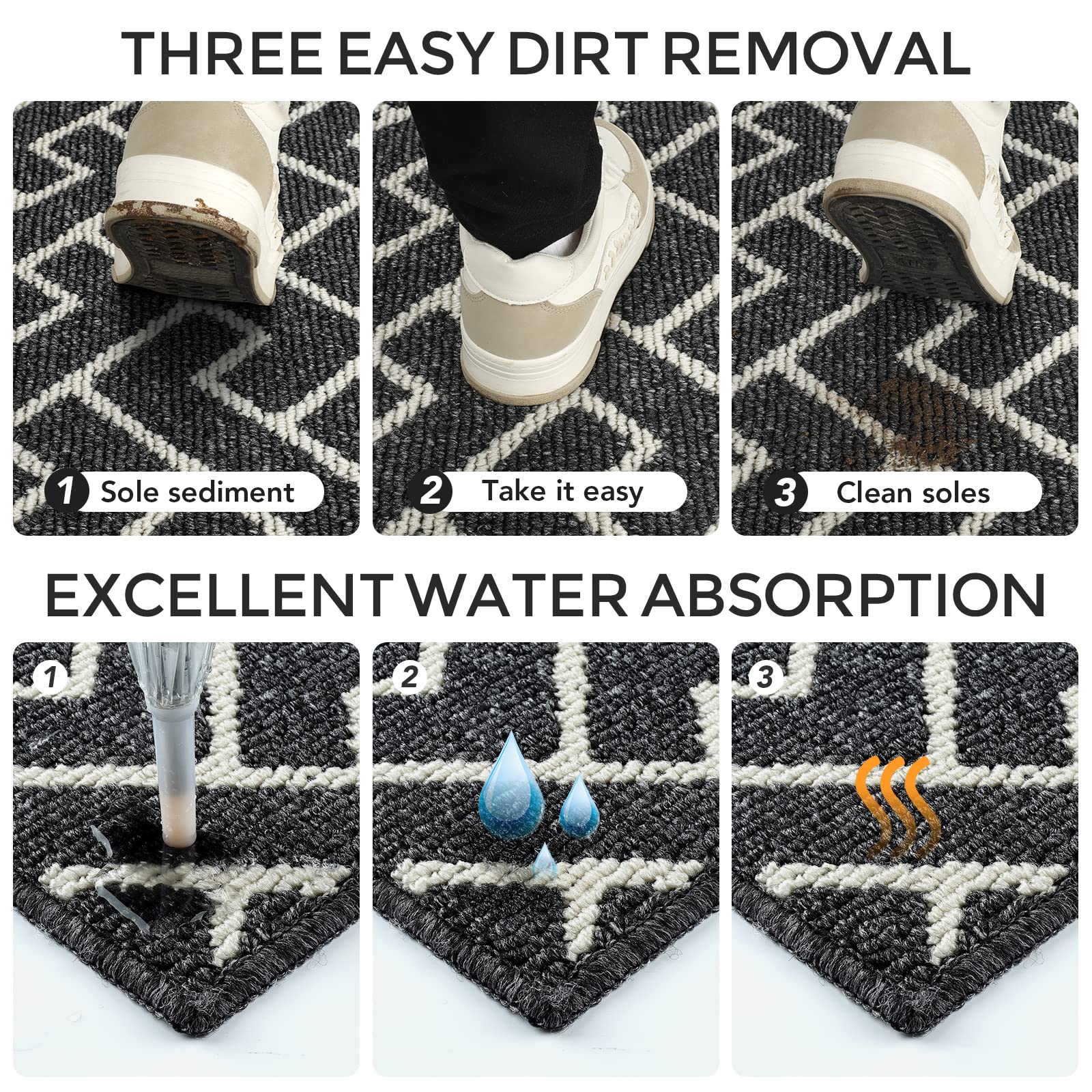 hicorfe Front Door Mat Outdoor Entrance,24"x35" Absorbent Muddy Dirt Resist Welcome Door Mats Outdoor Indoor,Stain and Fade Resistant,Non Slip Backing Entry Mat Doormat for Entryway(Black)
