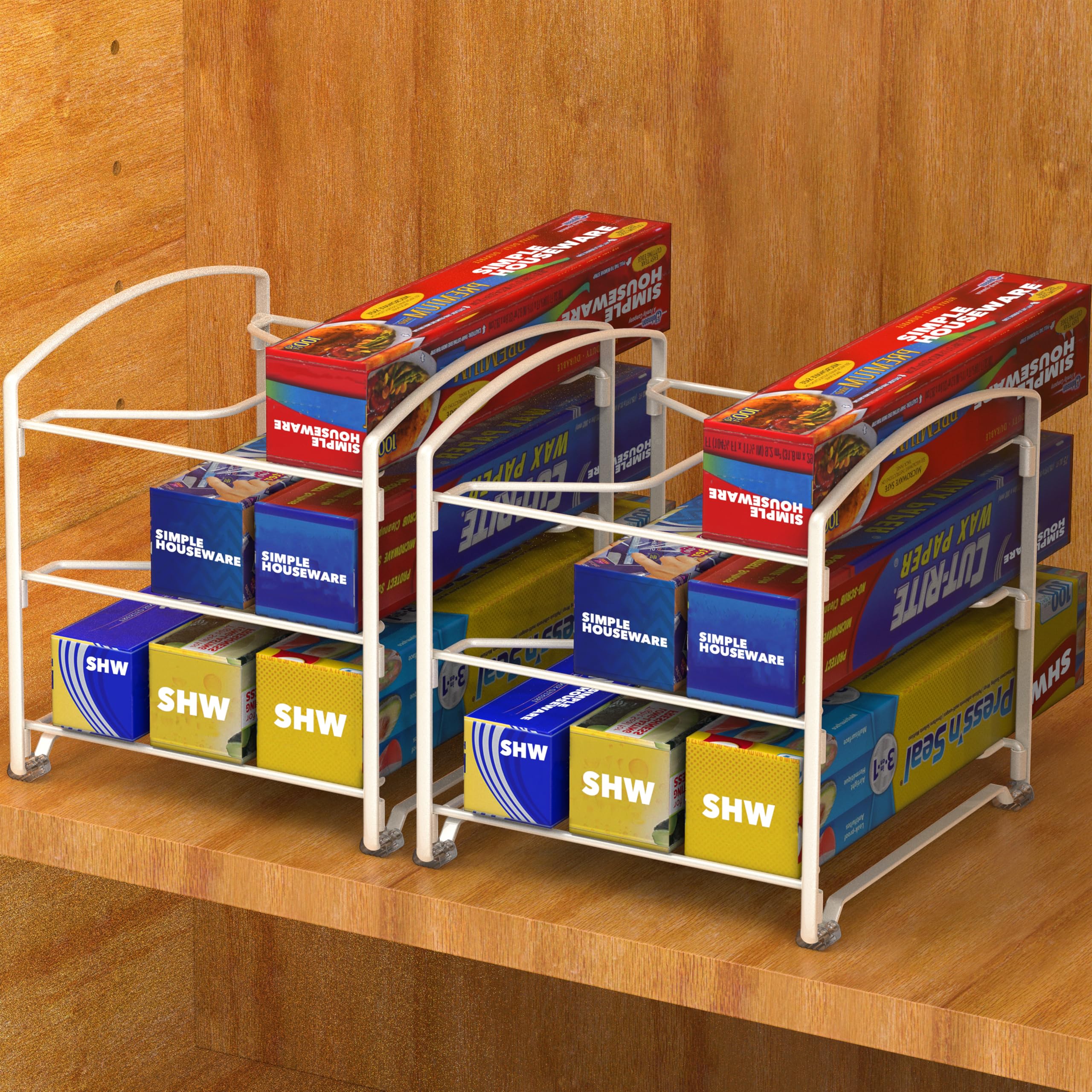 Simple Houseware Foil and Plastic Wrap Organizer, Storage Rack with Shelves for Pantry and Kitchen Cupboard Organization, White