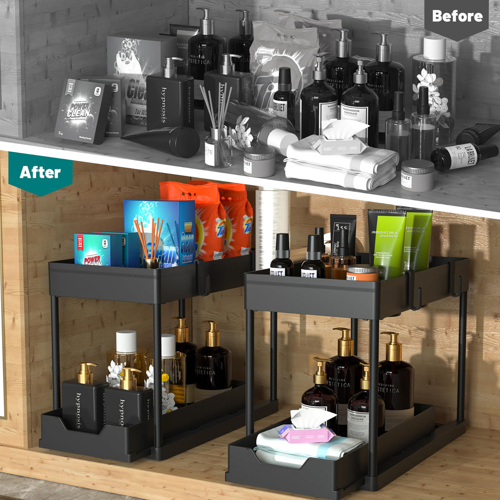 2-PACK Under Sink Organizers and Storage with Sliding Drawer, 2-Tier Bathroom Under Sink Shelf Rack,Multi-Functional Cabinet Storage Space Saver For Kitchen/Bathroom/Bedroom/Office.