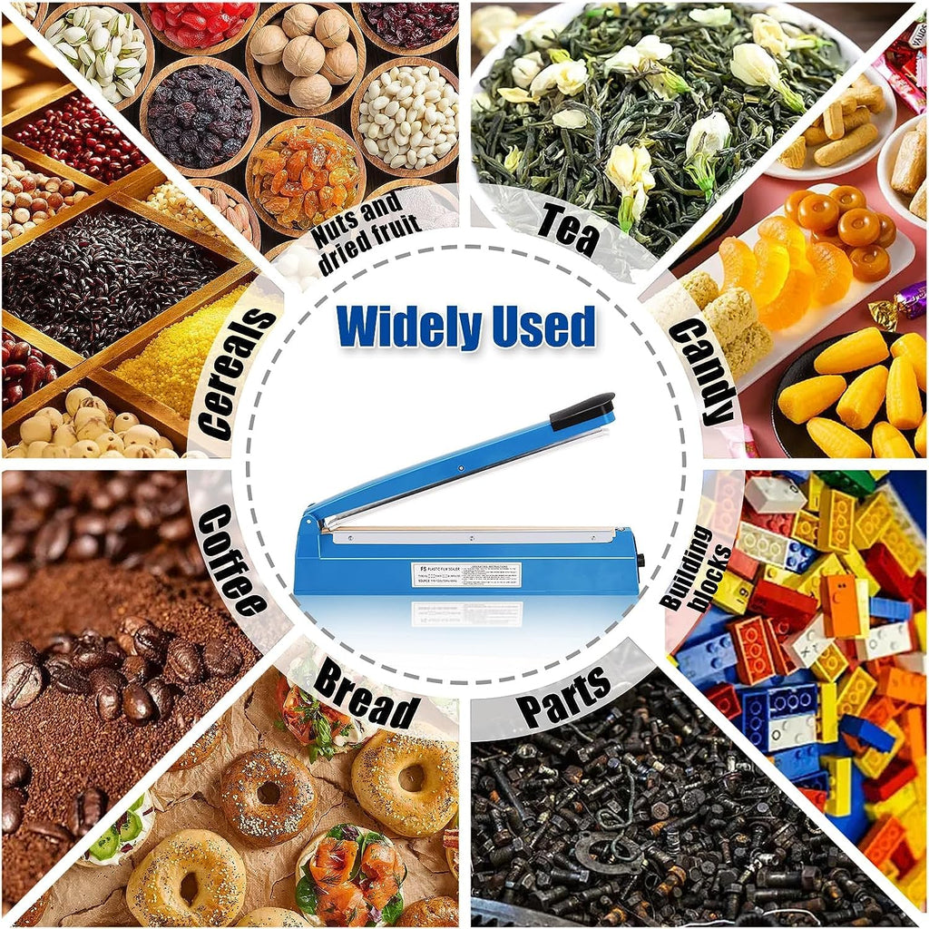 Impulse Heat Sealer Manual Bags Heat 8/12 Inch Impulse Sealing Machine for Plastic PE PP Bags with Extra Replace Element Grip (200mm, Blue)