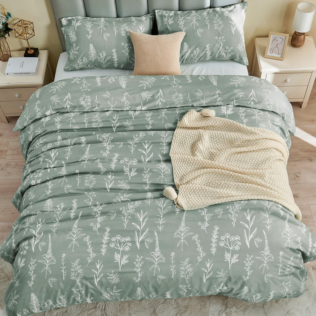 MUXHOMO Duvet Cover Queen Size, Reversible Floral Green Duvet Cover Set with Zipper Closure, 3 Pieces Botanical Patterns Soft Microfiber Bedding Set (90"x90", 2 Pillow Cases 20"×30" )