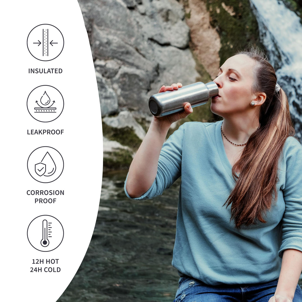 Bambaw 16 oz Water Bottle Insulated, Small Reusable Water Bottle Stainless Steel, Keeps Drinks Cold 24h and Hot 12h, Easy to Clean, Fits in Cup Holder & Easy to Carry (Silver)