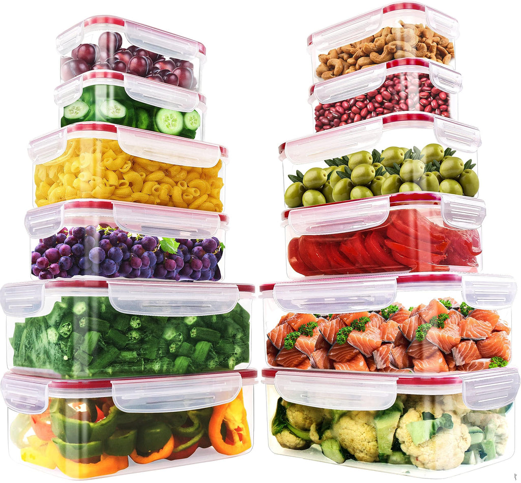 KICHLY 24 Pack Plastic Food Storage Container Set - Transparent BPA-Free Airtight Containers with Leak-Proof Lids for Meal Prep, Freezer, and Lunch Storage - Durable and Reusable (Red)
