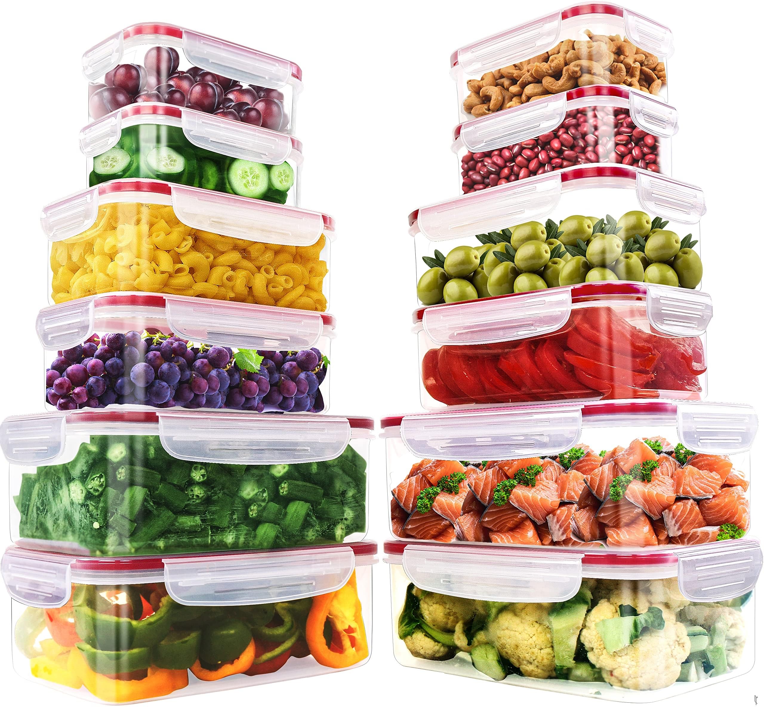 KICHLY 24 Pack Plastic Food Storage Container Set - Transparent BPA-Free Airtight Containers with Leak-Proof Lids for Meal Prep, Freezer, and Lunch Storage - Durable and Reusable (Red)