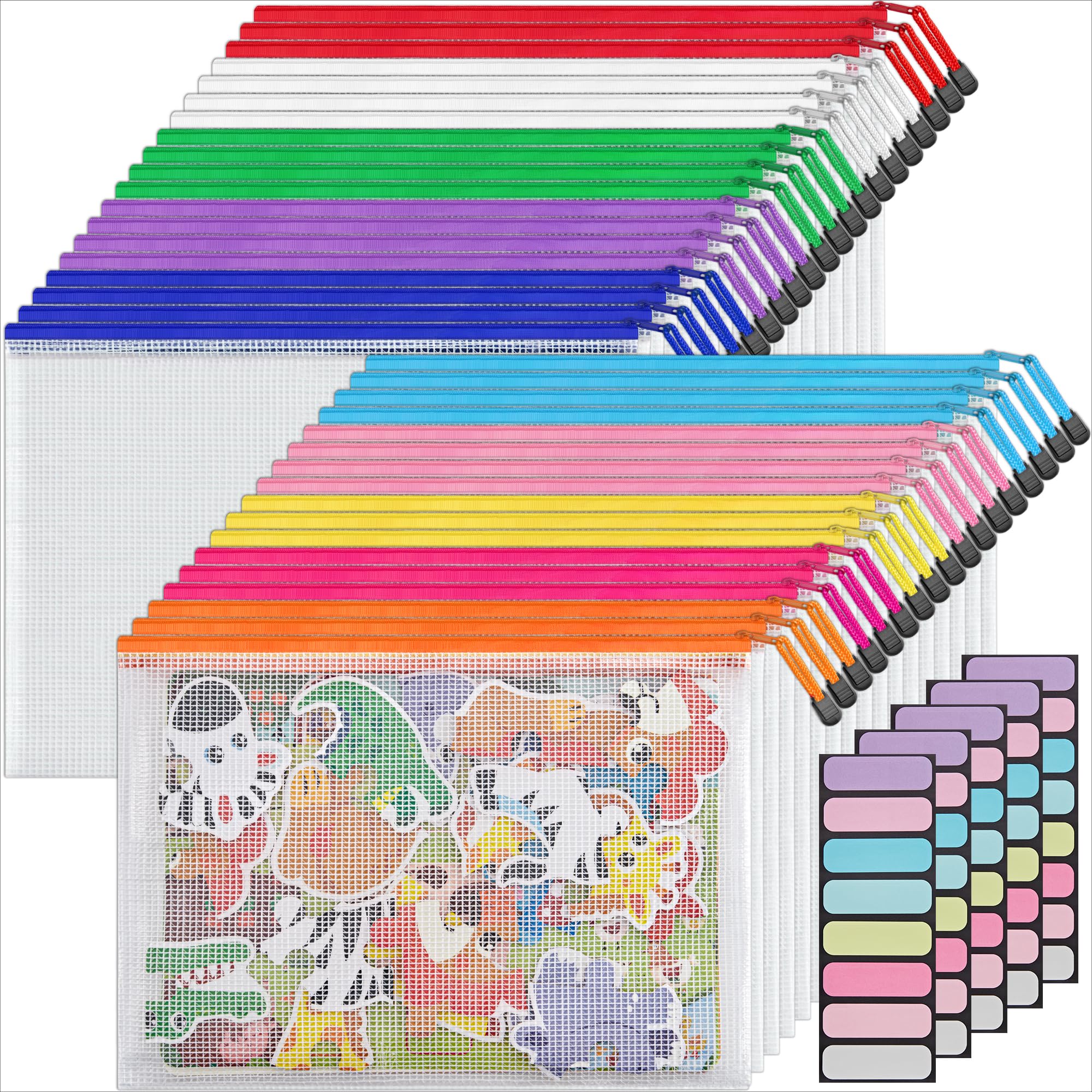 JARLINK 36 Pack 10 Colors Zipper Mesh Document Pouch, A4 Letter Size Mesh Bags for Board Games & Puzzles, Waterproof Document Zipper Pouches for Office School Supplies, Toys, Cosmetics Travel Storage