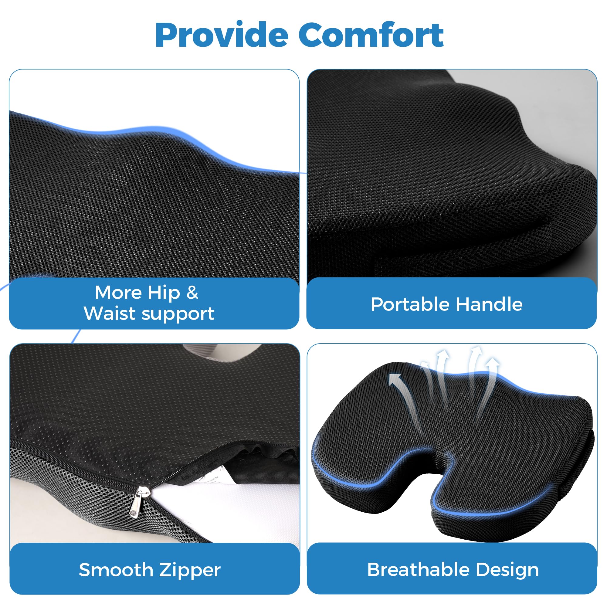 Extra Large Memory Foam Seat Cushions for Office Chairs, Car, Airplane, Wheelchair– Relieves Lumbar, Orthopedic, Sciatic, Coccyx and Back Pain – Comfortable Non-Slip – Bonus Carry Bag Included (Black)