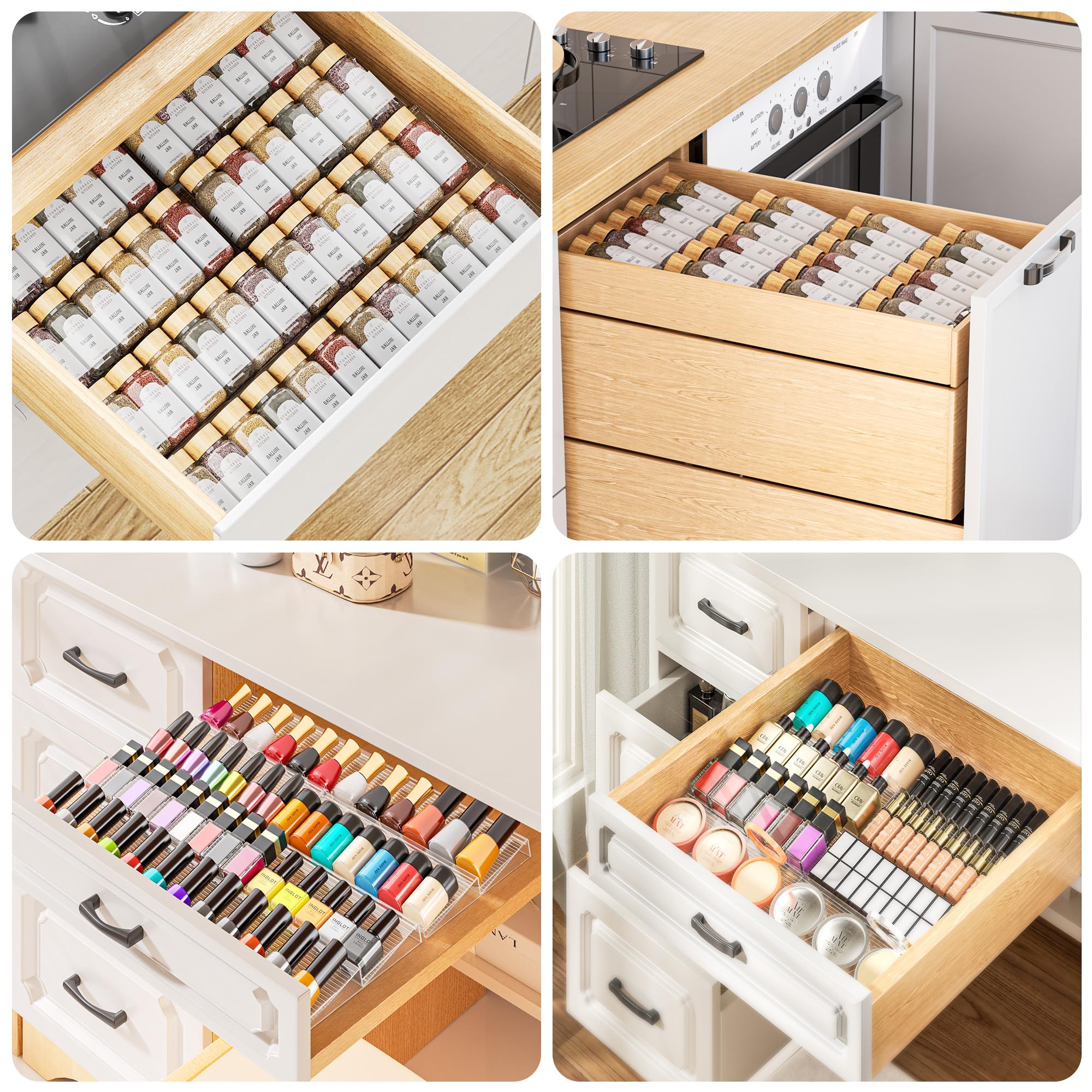 PanPanPal Spice Drawer Organizer, 2 Tier- 2 Pack Clear Acrylic Drawer Seasoning Organizer, Expandable From 11'' to 22'' Kitchen Spice Rack Organizers and Storage for Drawer (Jars not included)