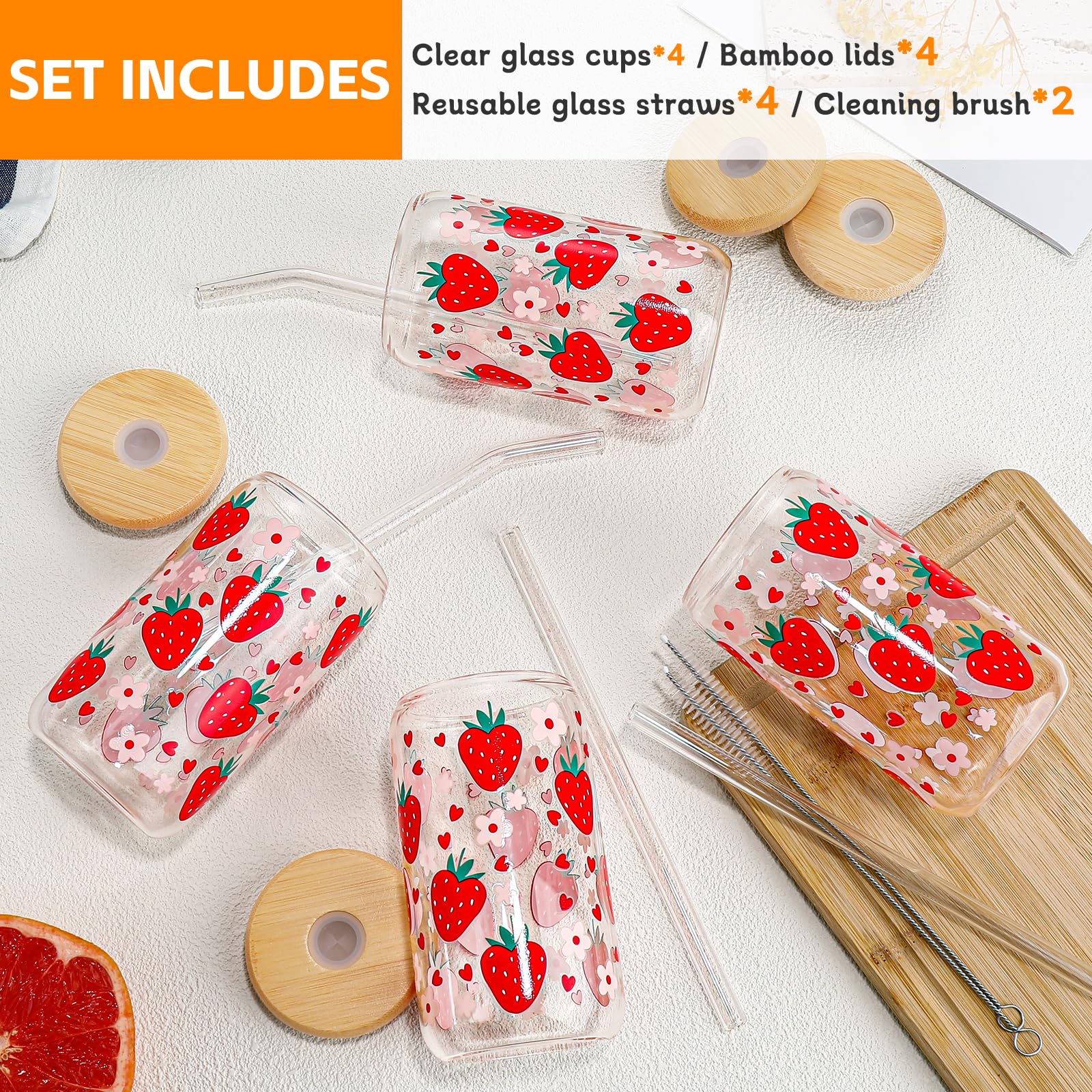 DWTS Glass Cups with Lids and Straws - Strawberry Design 4 Pcs, 16 oz Clear Drinking Glasses Set, Tumbler, Cute Iced Coffee Cups