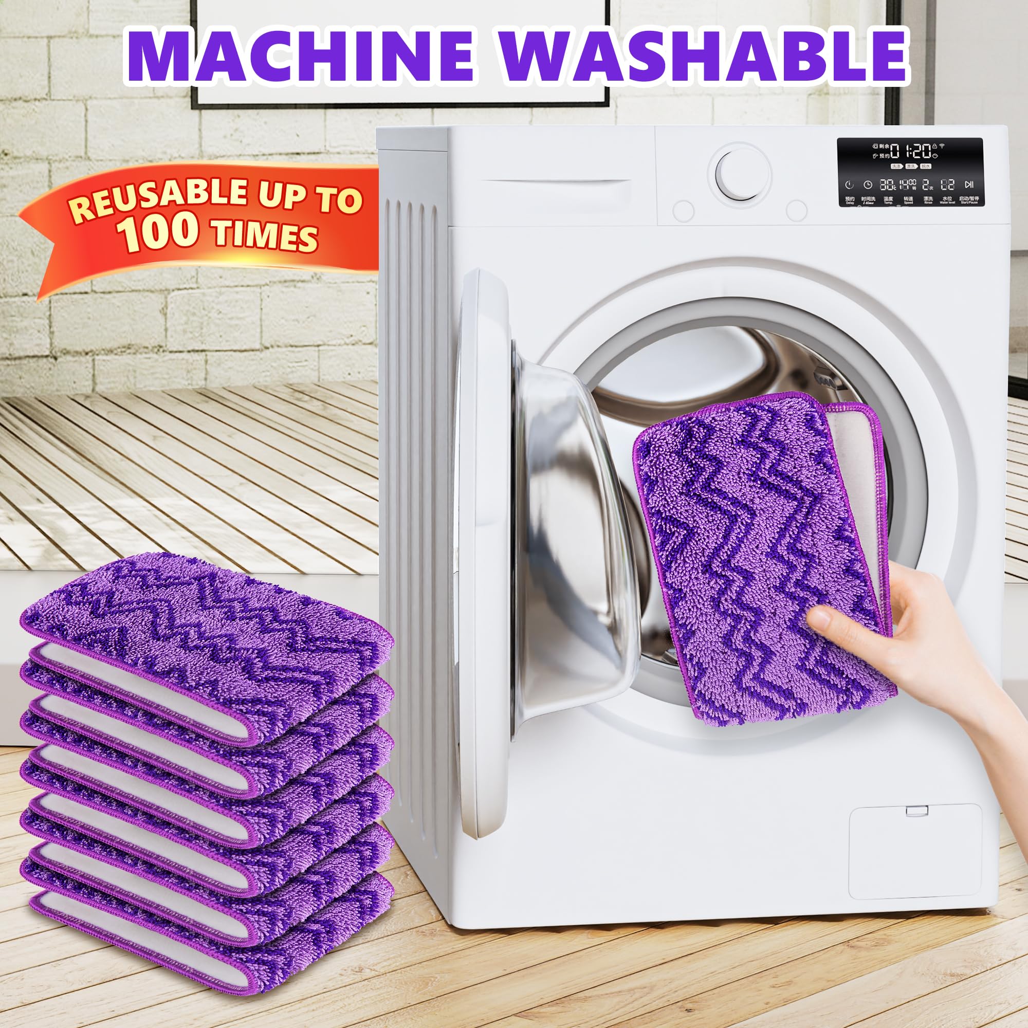 6 Pack Reusable Mop Pads Compatible with Swiffer PowerMop - Enspoway Microfiber Washable Mopping Pad Refills for 13" 14" 15" Mop Multi-Surface Wood Floor Cleaning - Purple