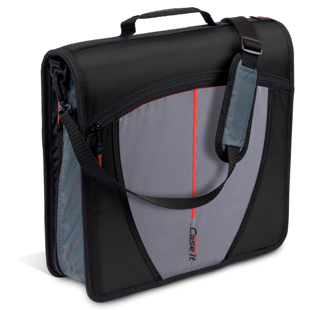 Case-it The Mighty Zip Tab Zipper Binder - 3 Inch O-Rings - 5 Color Tab Expanding File Folder - Multiple Pockets - 600 Sheet Capacity - Comes with Shoulder Strap - Jet Black D-146