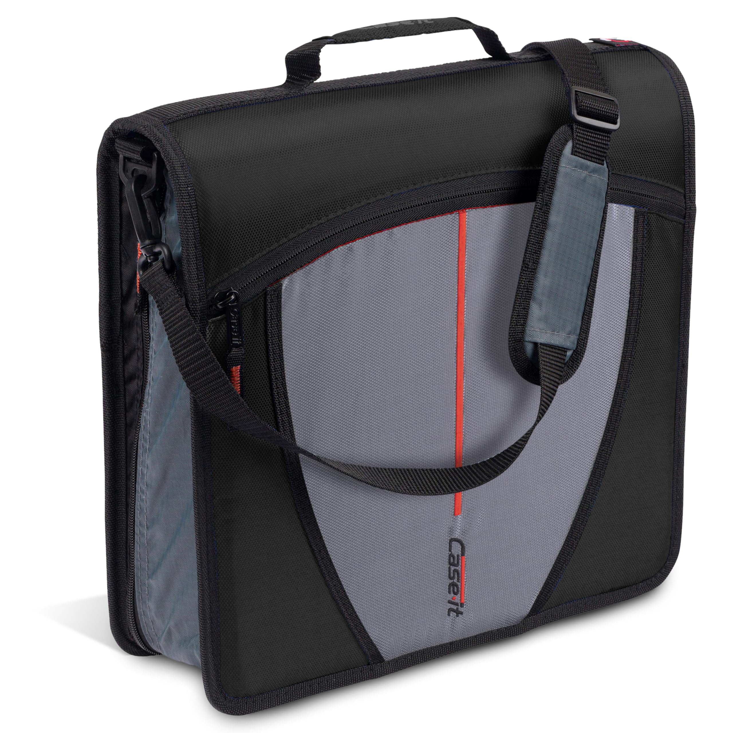 Case-it The Mighty Zip Tab Zipper Binder - 3 Inch O-Rings - 5 Color Tab Expanding File Folder - Multiple Pockets - 600 Sheet Capacity - Comes with Shoulder Strap - Jet Black D-146