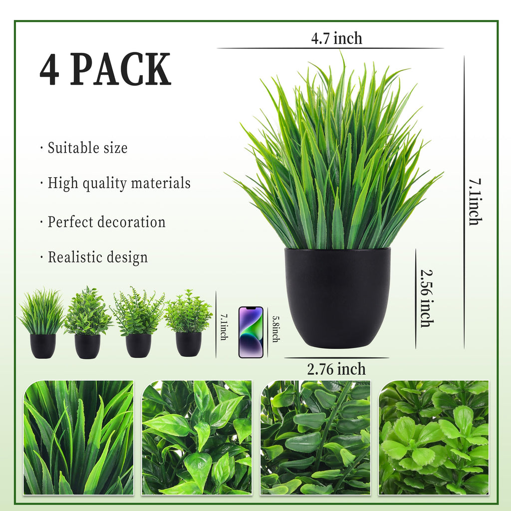 Der Rose Fake Plants 4 Packs Small Artificial Plants Black Faux Plants for Bathroom Home Office Shelf Kitchen Coffee Table Accessories Decor Indoor