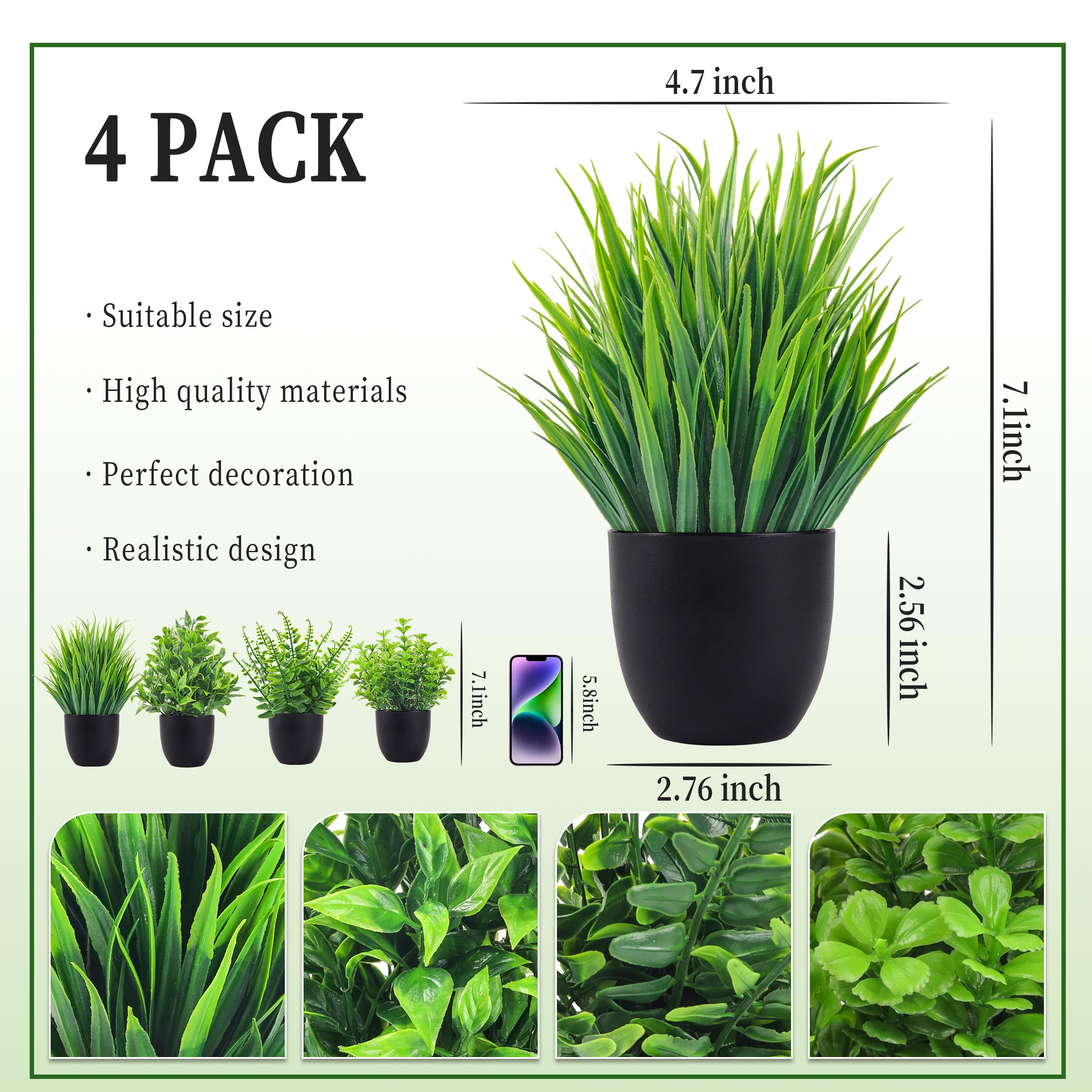 Der Rose Fake Plants 4 Packs Small Artificial Plants Black Faux Plants for Bathroom Home Office Shelf Kitchen Coffee Table Accessories Decor Indoor