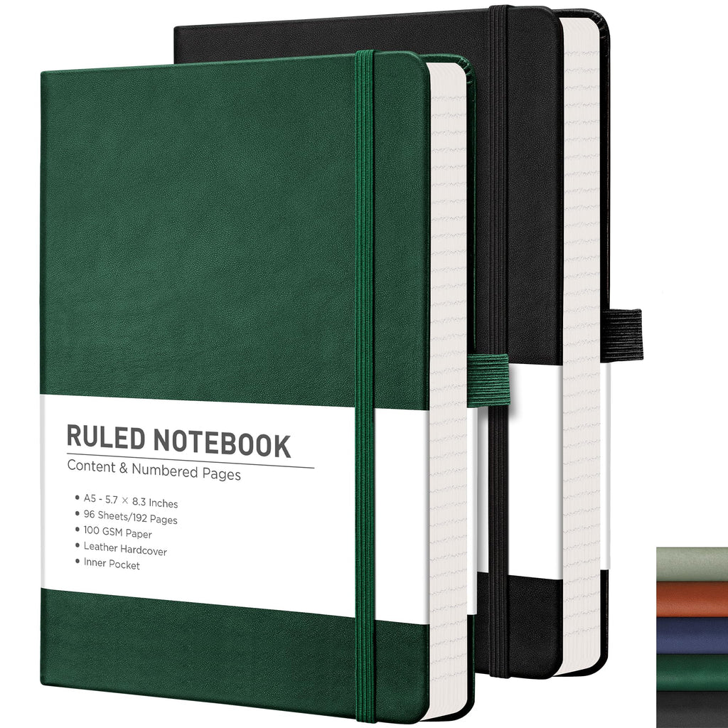 RETTACY Lined Journal Notebook, 2-Pack, 192 Numbered Pages per Pack, A5 Medium Size (14.5 × 21 cm), for Men & Women, Writing, Work, Leather Hardcover, 100 GSM Thick Paper (Black & Green)