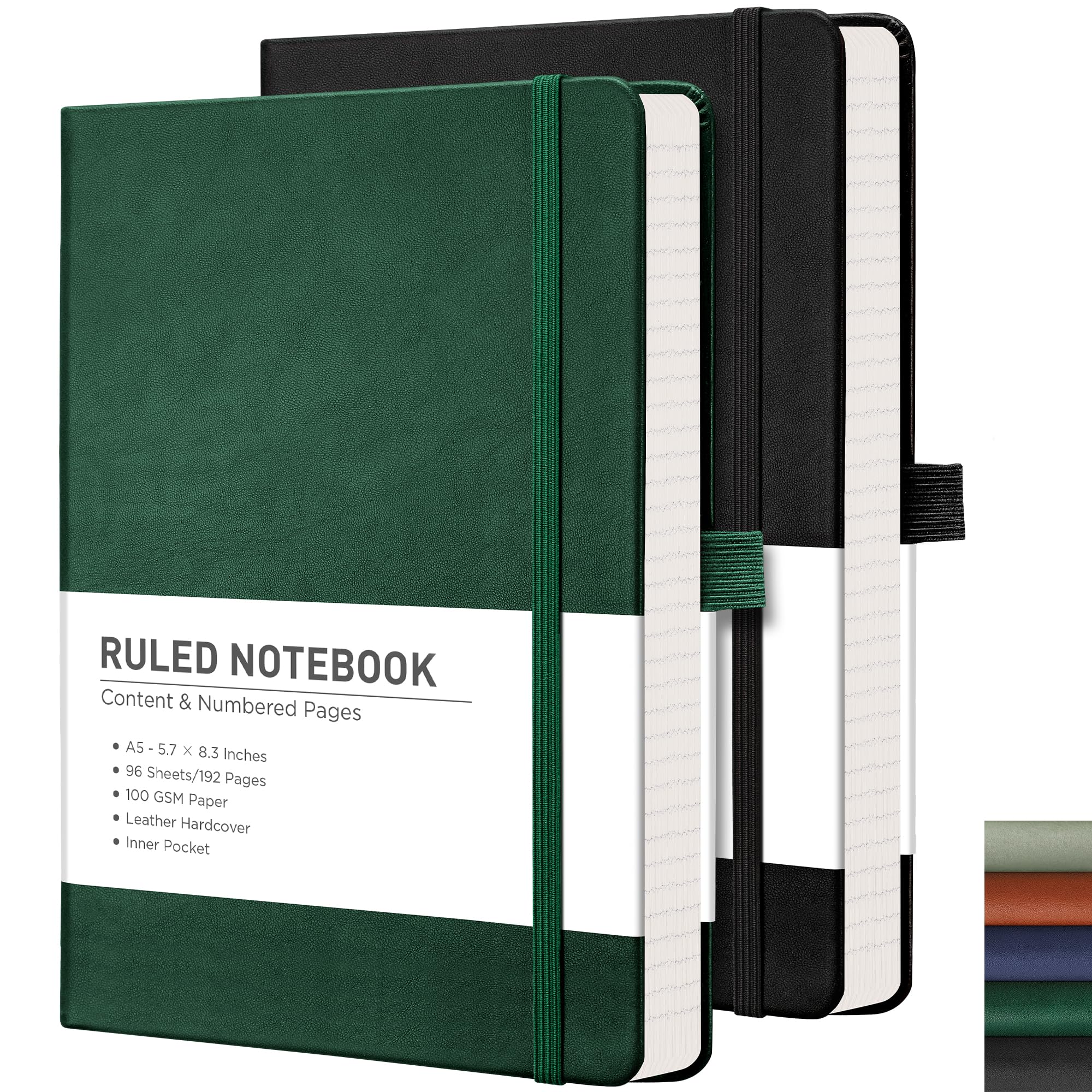 RETTACY Lined Journal Notebook, 2-Pack, 192 Numbered Pages per Pack, A5 Medium Size (14.5 × 21 cm), for Men & Women, Writing, Work, Leather Hardcover, 100 GSM Thick Paper (Black & Green)