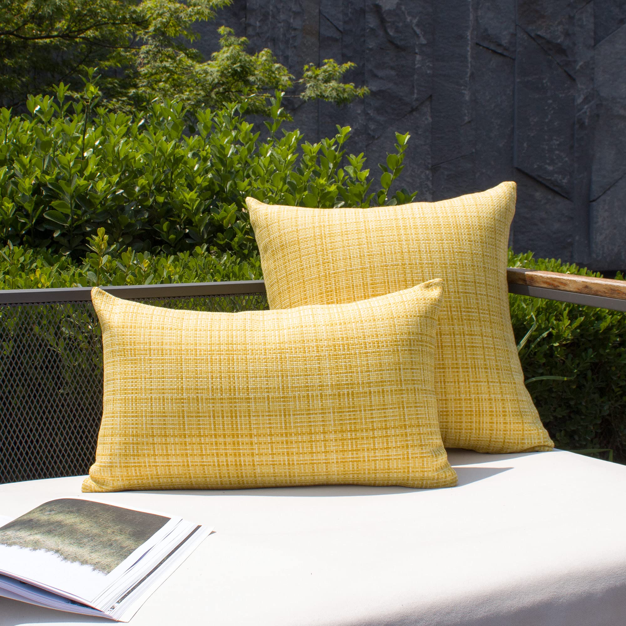 Kevin Textile Pack of 2 Decorative Outdoor Waterproof Throw Pillow Covers Lumbar Pillowcases Modern Cushion Cases for Patio Couch Bench 12 x 20 Inch Yellow