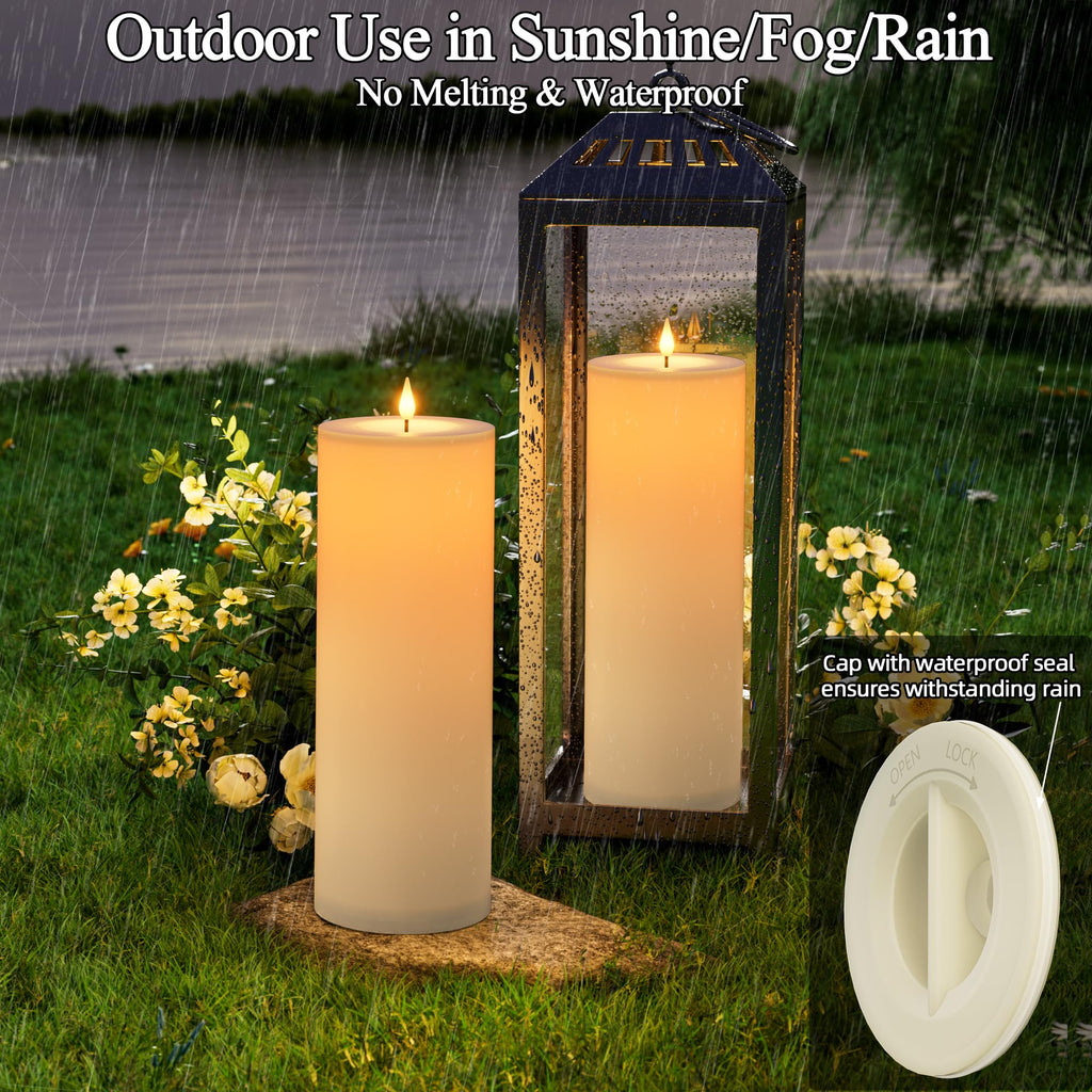 Outdoor Candles with Timer Waterproof 12" x 4" Large Flameless Pillar Candles Battery Operated LED Candles Flickering with Remote Control Timer for Porch Patio Table Lantern Christmas