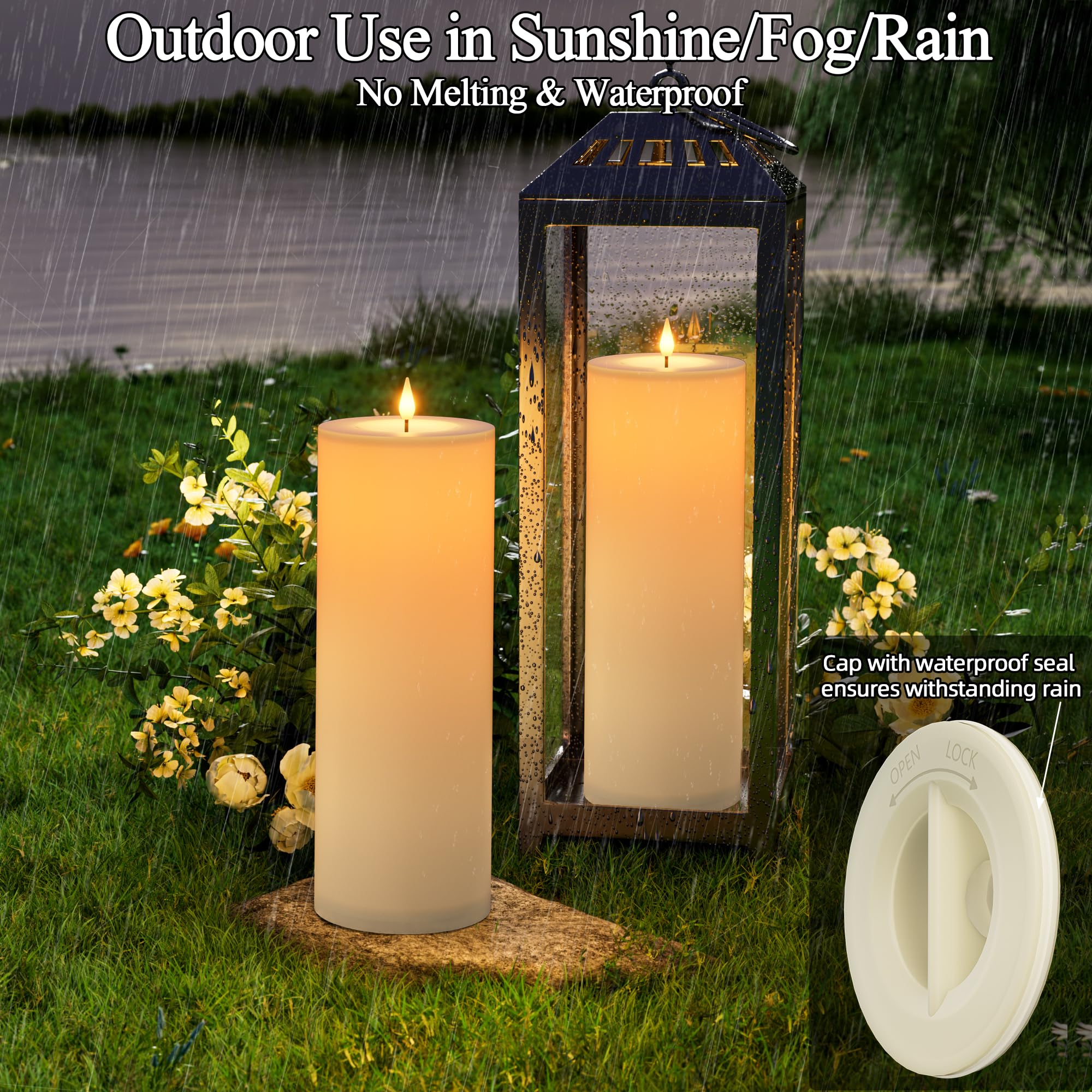 Outdoor Candles with Timer Waterproof 12" x 4" Large Flameless Pillar Candles Battery Operated LED Candles Flickering with Remote Control Timer for Porch Patio Table Lantern Christmas