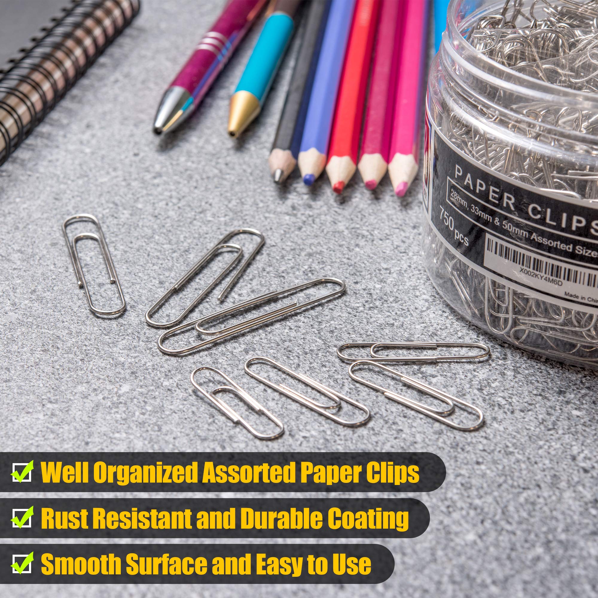 Kempshott 750 Paper Clips - Assorted Sizes Small, Medium and Large Paper Clips for Paperwork Ideal for Home, School and Office Use (28mm,33mm, 50mm)