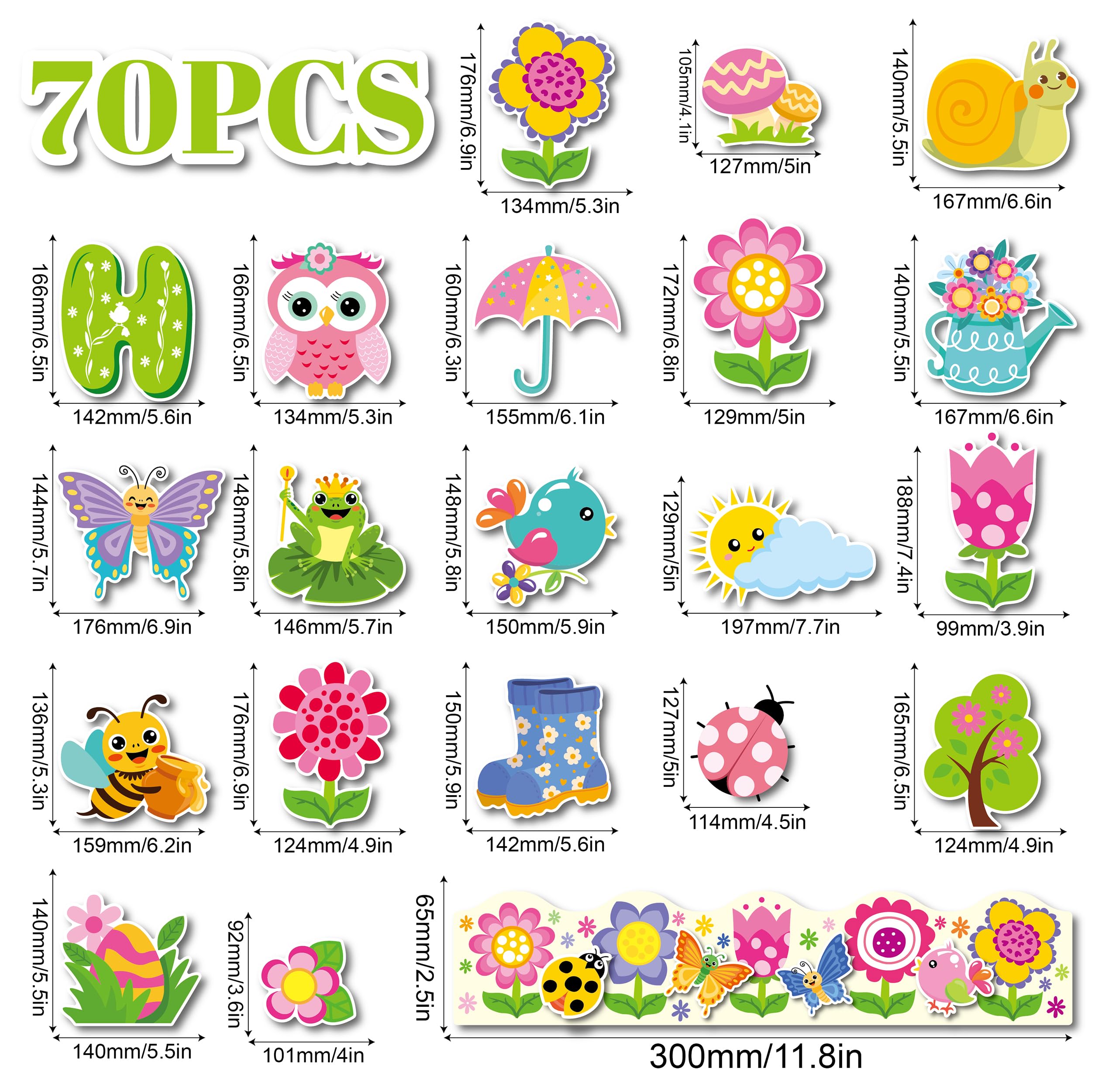 70 Pcs Hello Spring Bulletin Board Decorations - Colorful Hello Spring Cut-Outs Cute Flower Butterfly Bird Bee Bulletin Border Wall Decals for Kids DIY Craft School Classroom Decor