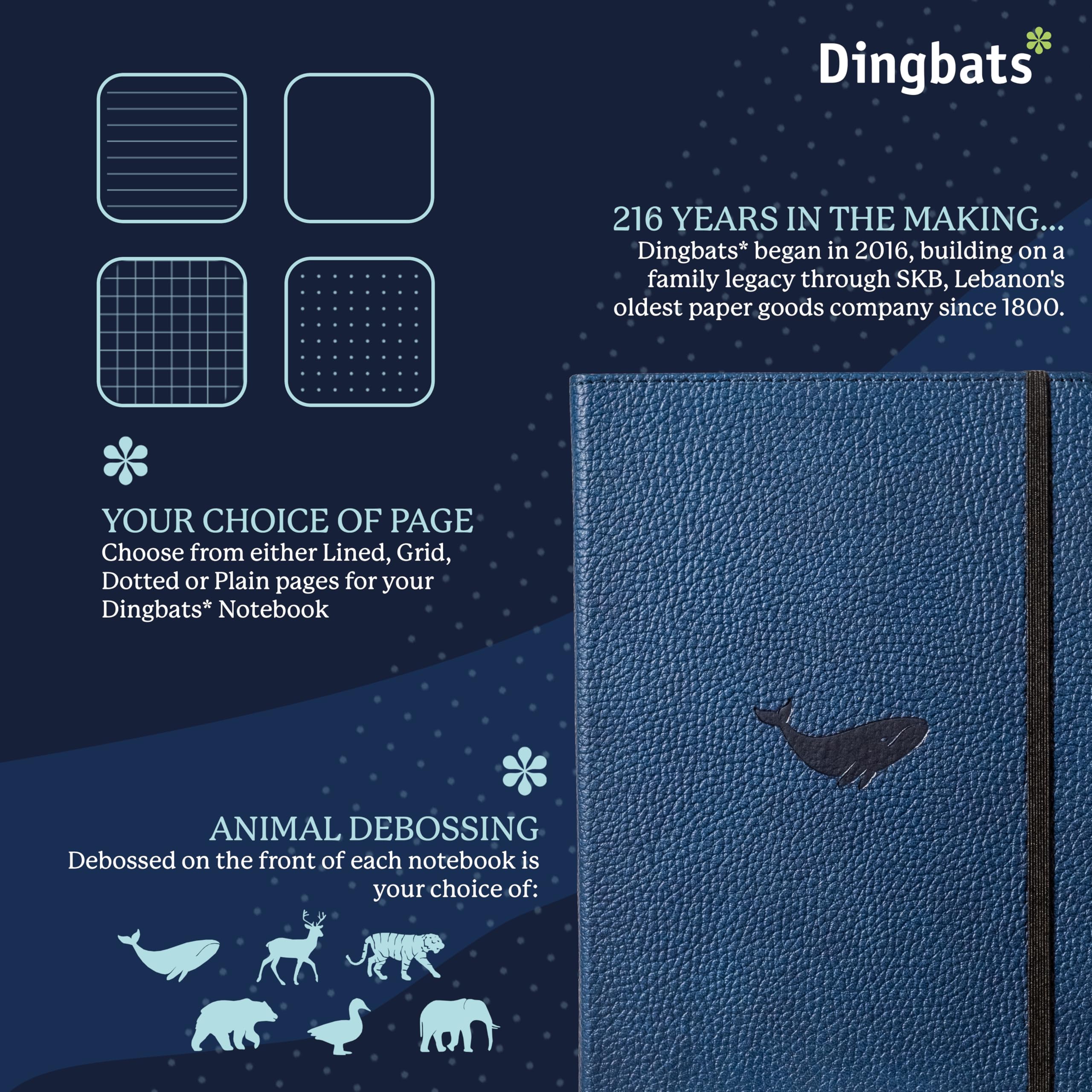 Dingbats* Wildlife Dotted Journal A5 - Vegan Leather Hard Cover, Ideal for Work, Travel - Pocket, Elastic Closure, Bookmark