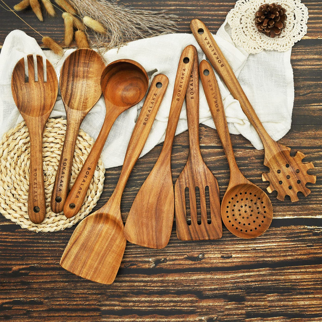 Wooden Spoons for Cooking,Natural Teak Wooden Kitchen Utensils Set (8 PCS)