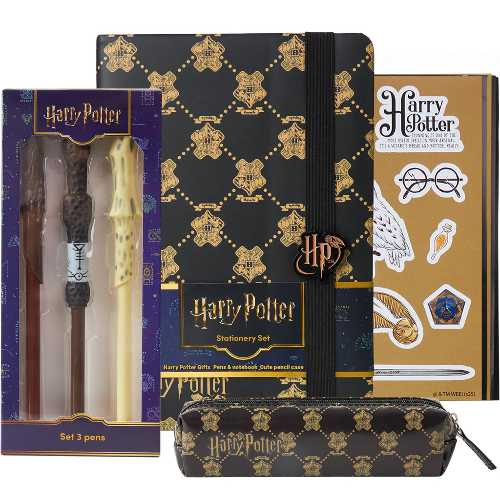 Get Trend Harry Potter Gifts Stationary Set with Cute Notebook Ball Point Wand Pens Pencil Case Stickers Cute Stuff Hogwarts Journal Accessories (Black Harry Potter)