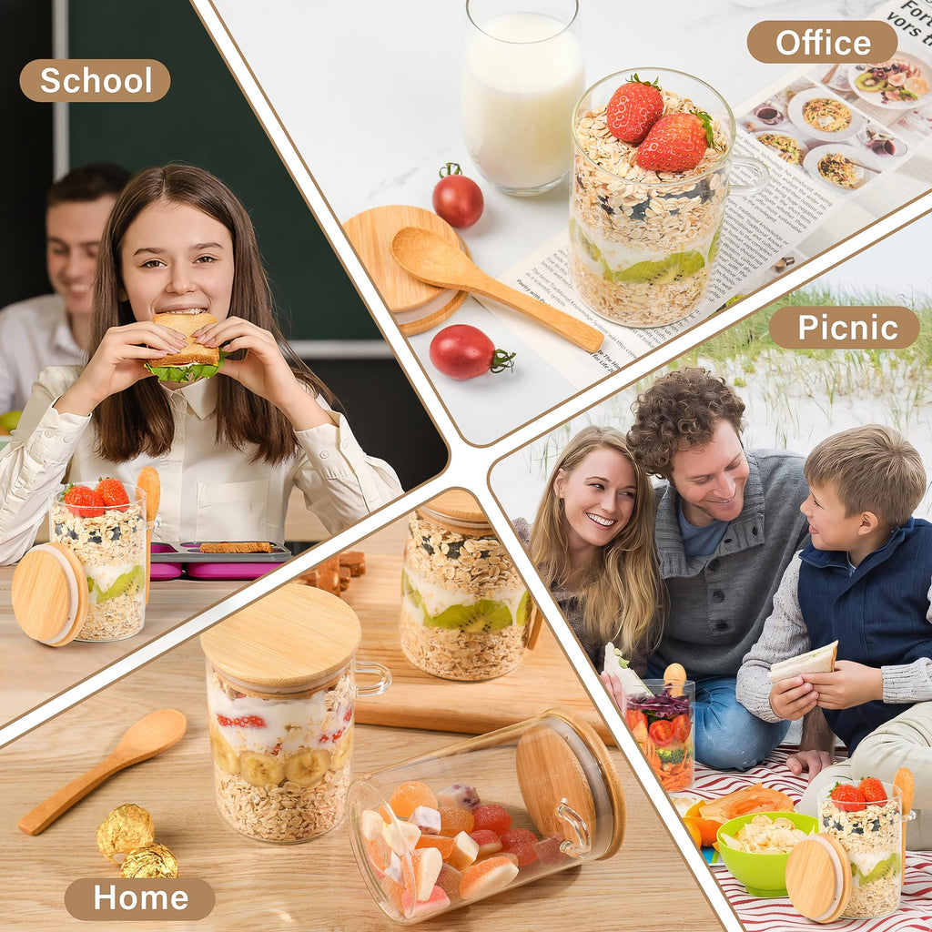 Overnight Oats Jars with Spoons-4 Pack 18oz Overnight Oats Containers with Lids-Glass Jar with Bamboo Lids for Chia Seed Pudding Salad Cereal Coffee Flour-Sourdough Starter Jar for Bread (4)