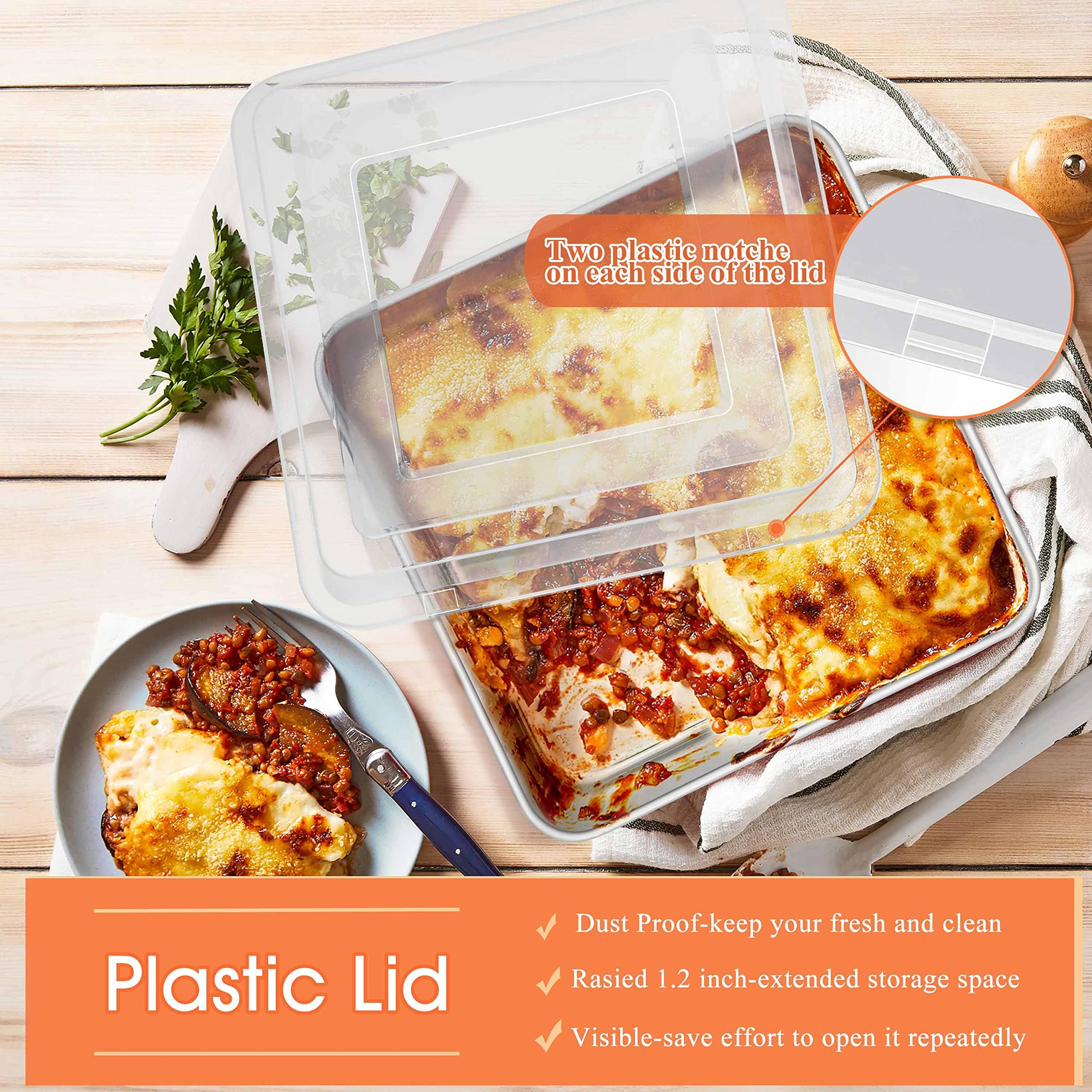 Herogo 8”x 8” Square Cake Pan, Stainless Steel Square Baking Pan with Lid, Cakes Brownie Lasagna Bakeware Set of 2, Healthy & Dishwasher Safe