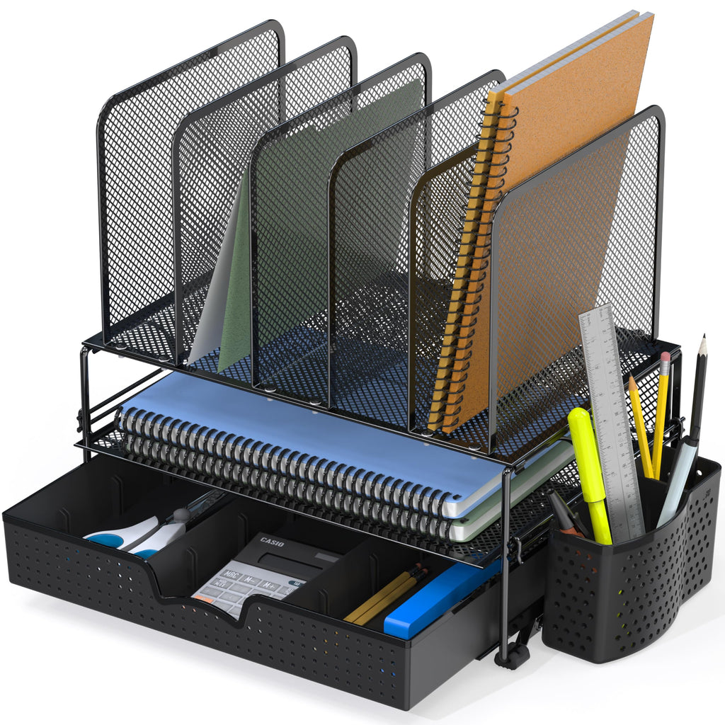 SimpleHouseware Desk File Organizer for Office Stationery with Sliding Drawer, Double Tray, Pencil Holder, and 5 Upright Sections, Black