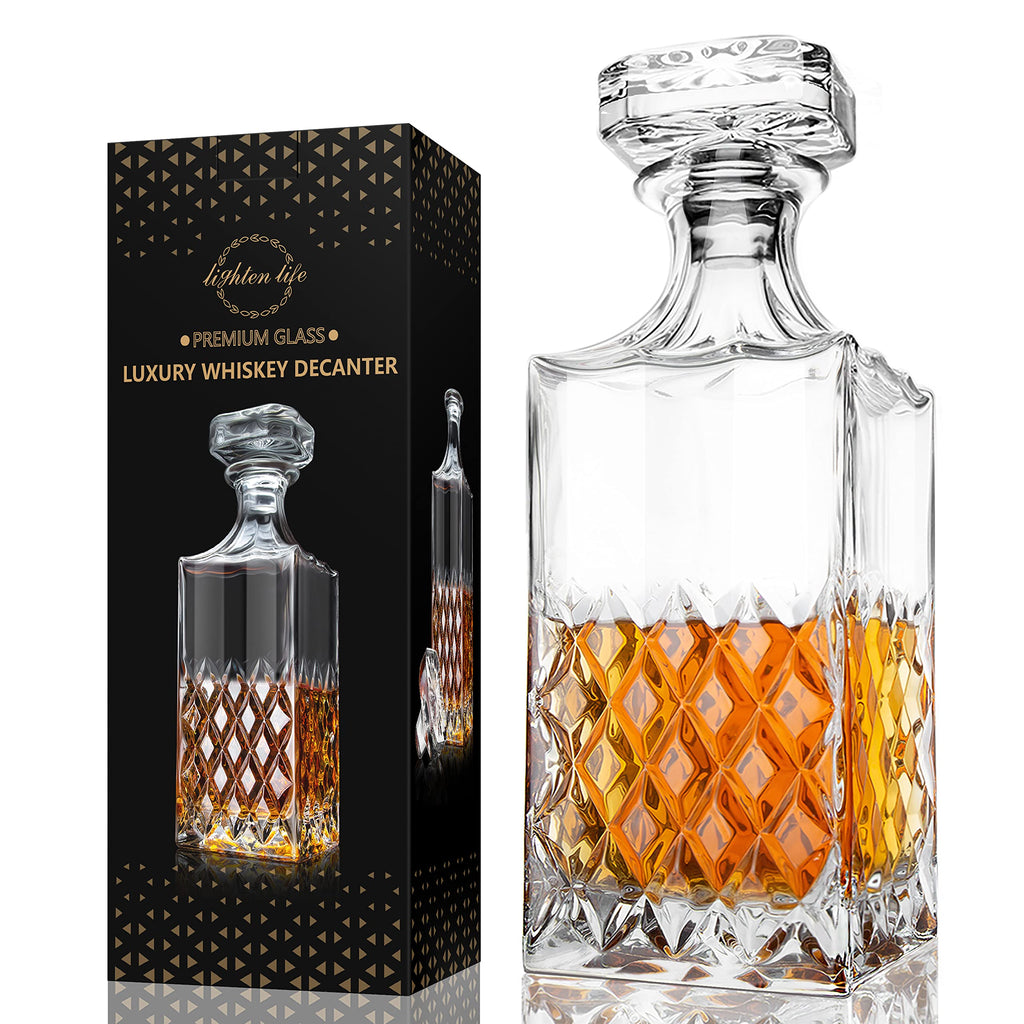 LIGHTEN LIFE Whiskey Decanter, 29oz Crystal with Stopper, Non-Lead Scotch Decanter in Gift Box, Premium for Vodka, Bourbon, Liquor