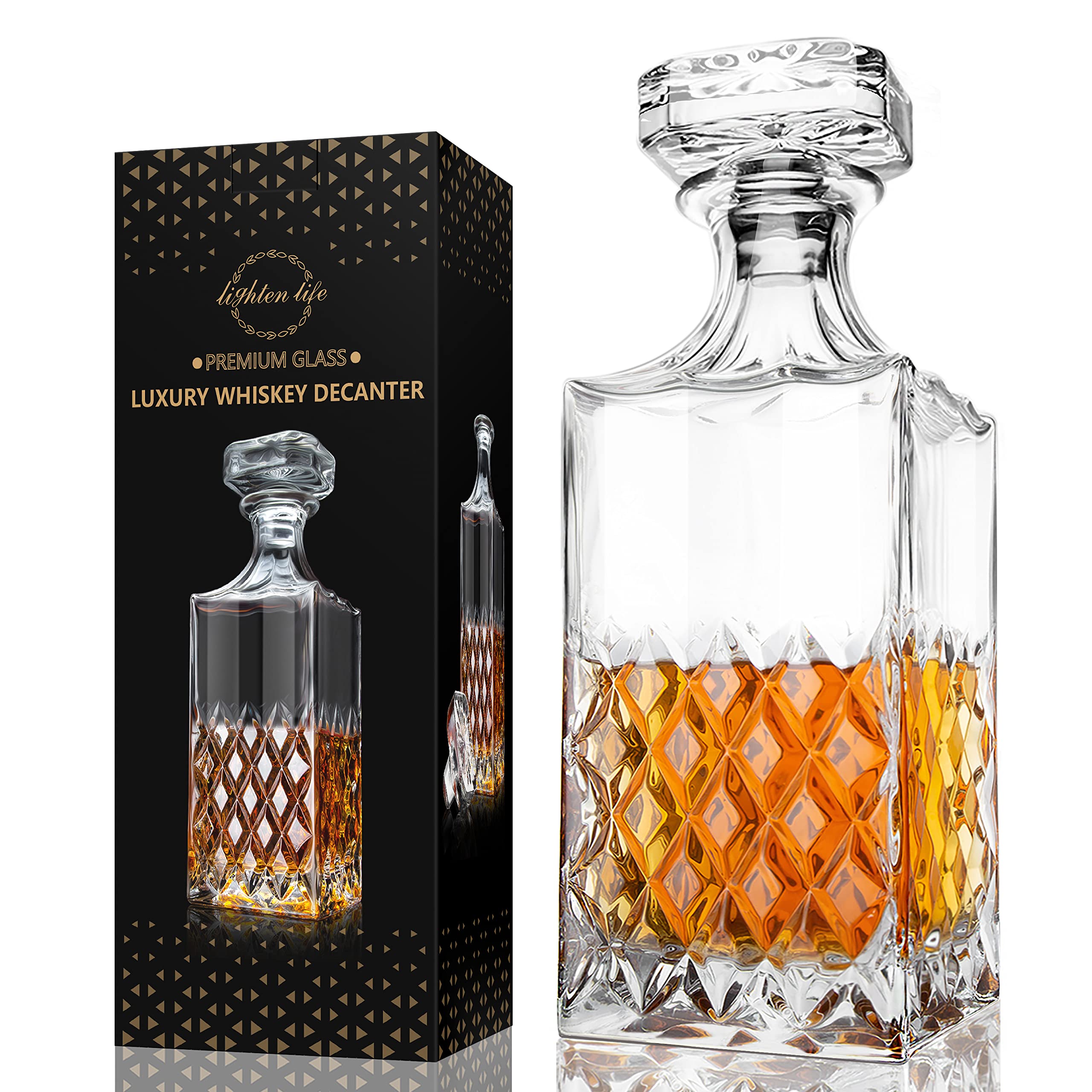 LIGHTEN LIFE Whiskey Decanter, 29oz Crystal with Stopper, Non-Lead Scotch Decanter in Gift Box, Premium for Vodka, Bourbon, Liquor