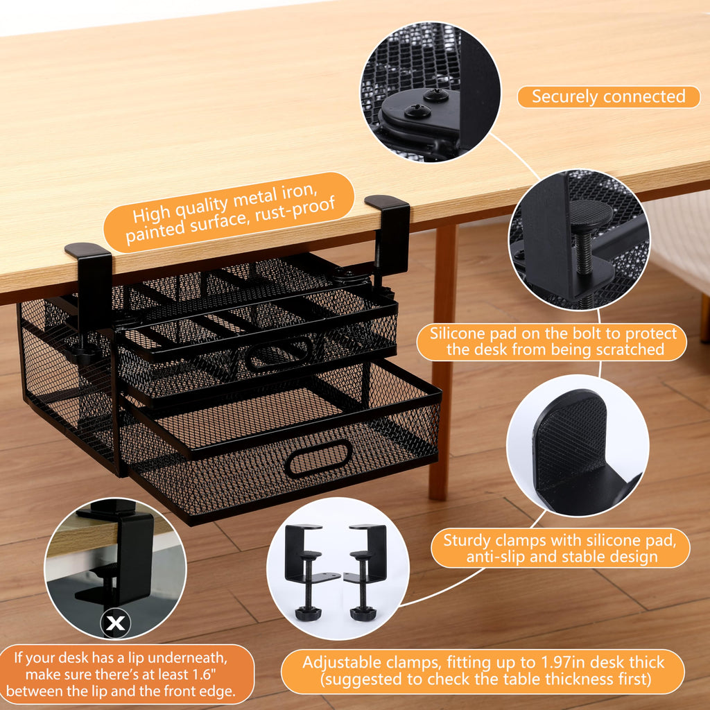ROLIZOE Under Desk Drawer Organizer Clamp On with 2 Drawers Slide Out No Drilling Mesh Metal Drawer On Desktop Or Under Desk Storage Easy Install Anti-Slip Under Shelf Storage for Home & Office