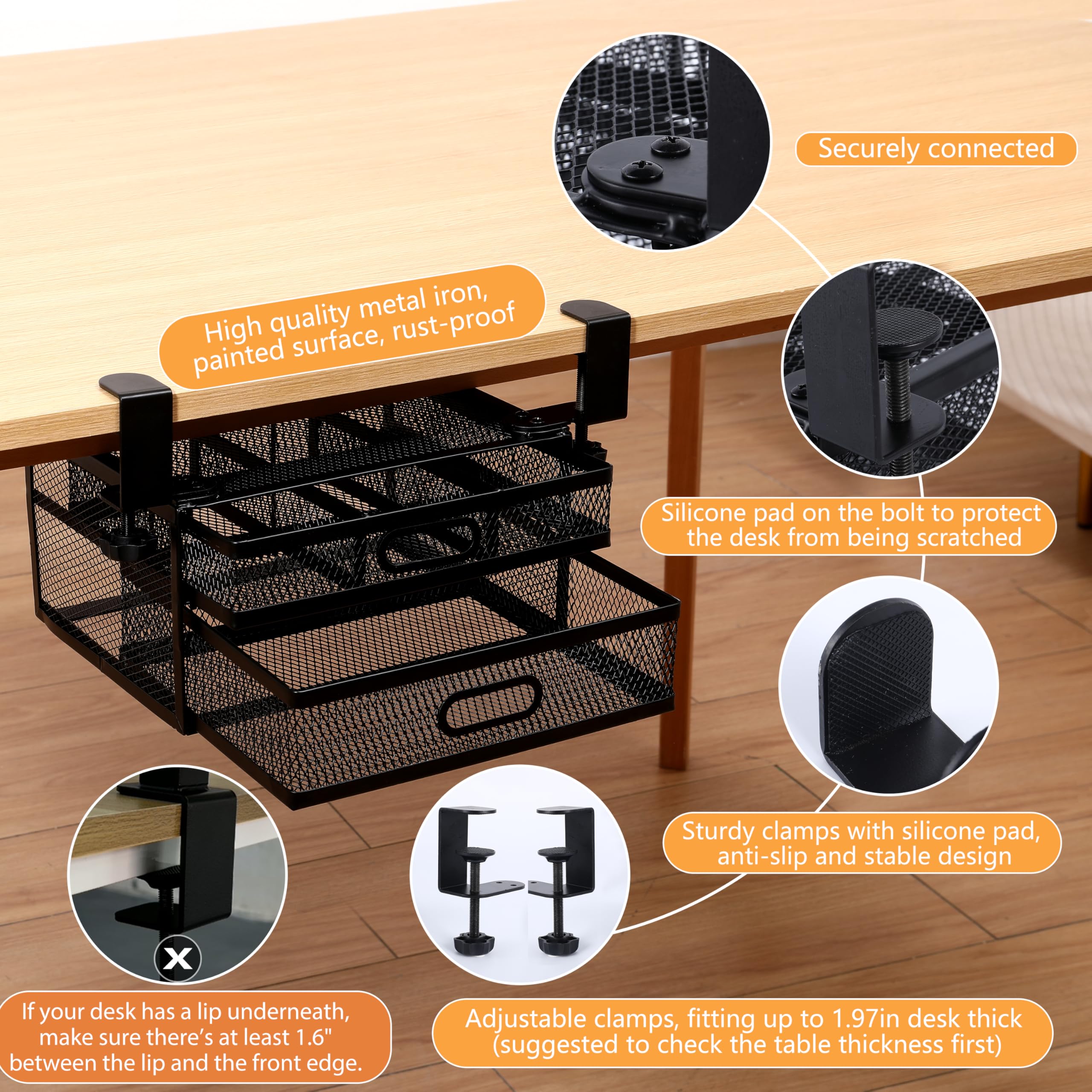 ROLIZOE Under Desk Drawer Organizer Clamp On with 2 Drawers Slide Out No Drilling Mesh Metal Drawer On Desktop Or Under Desk Storage Easy Install Anti-Slip Under Shelf Storage for Home & Office