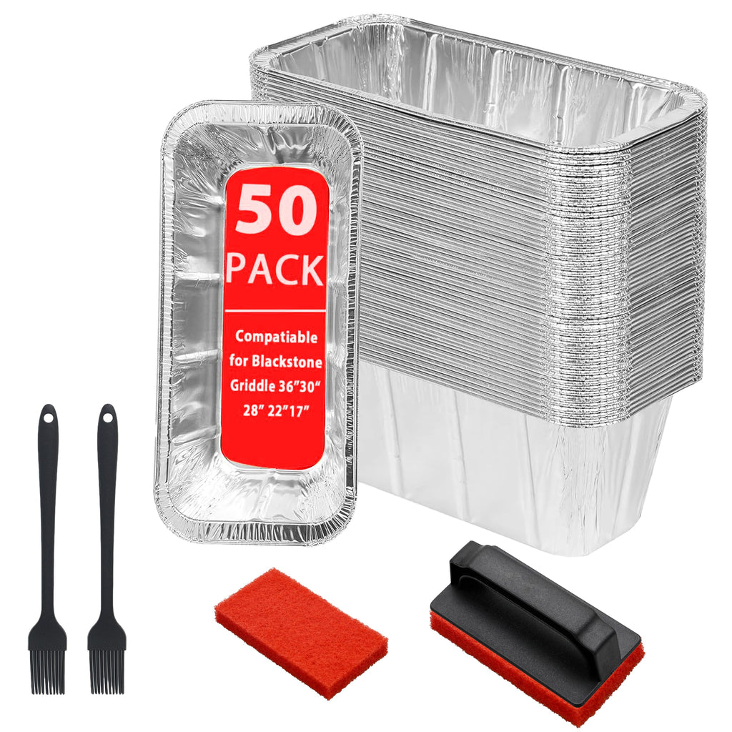 50pcs Drip Pan Liner Set, Disposable Grease Collection Tray for Blackstone Frying Pans (36''-17''), with 2 Cleaning Brushes (1 Handle), 2 Silicone Brushes,Aluminum Disposable Grease Catcher Trays