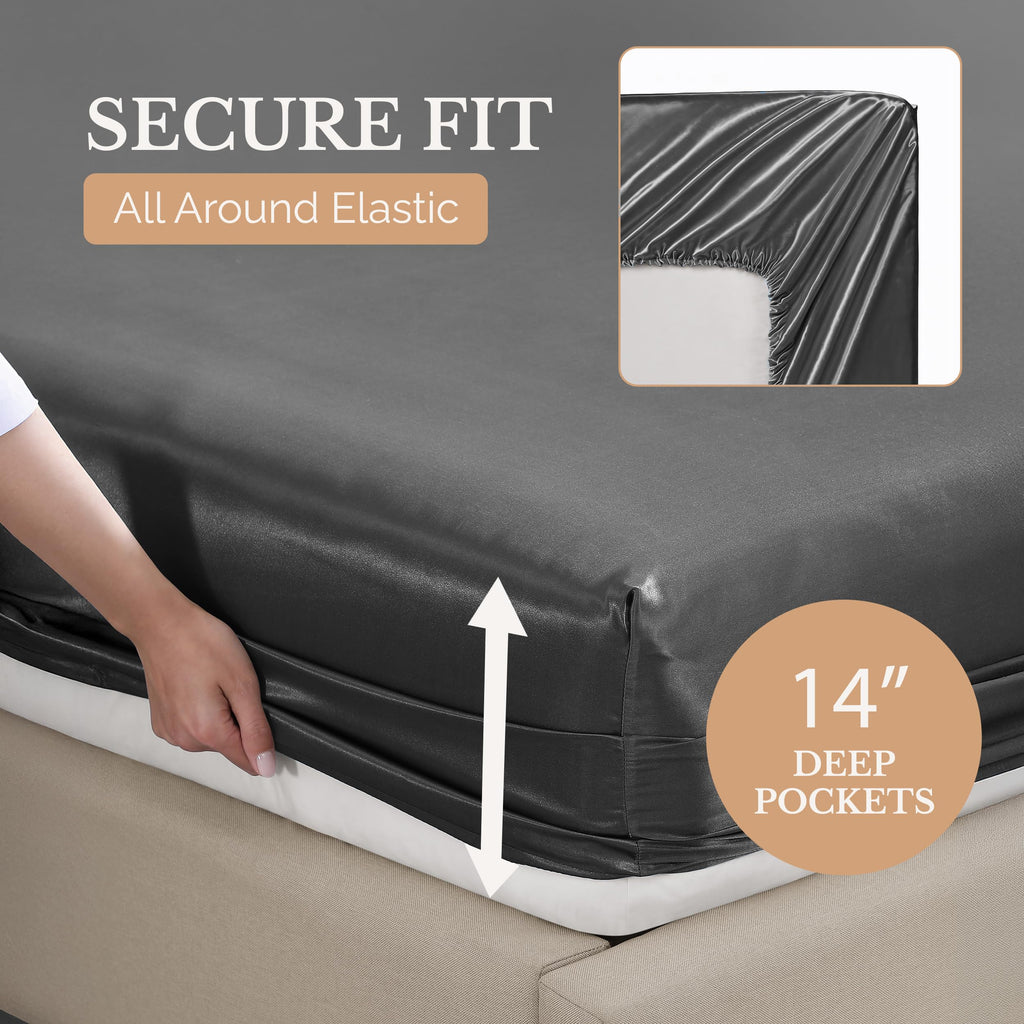 Casa Platino Satin Sheets - Queen Sheet Set, 4 Pcs Queen Bed Sheets, Similar to Silk Sheets, Bed Sheets Queen Size for Hair and Skin, Gifts for Women (Dark Grey, Queen)
