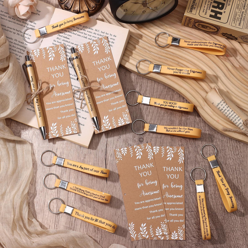 60 Pcs Employee Appreciation Gifts Inspirational Bamboo Ballpoint Pens Bulk Thank you Quotes Cards Silicone Keychain with Twine for Colleagues Teacher Team Volunteer Supplies (Wood Color)