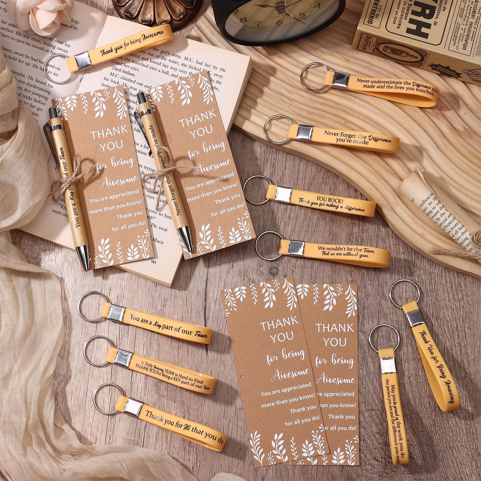 60 Pcs Employee Appreciation Gifts Inspirational Bamboo Ballpoint Pens Bulk Thank you Quotes Cards Silicone Keychain with Twine for Colleagues Teacher Team Volunteer Supplies (Wood Color)