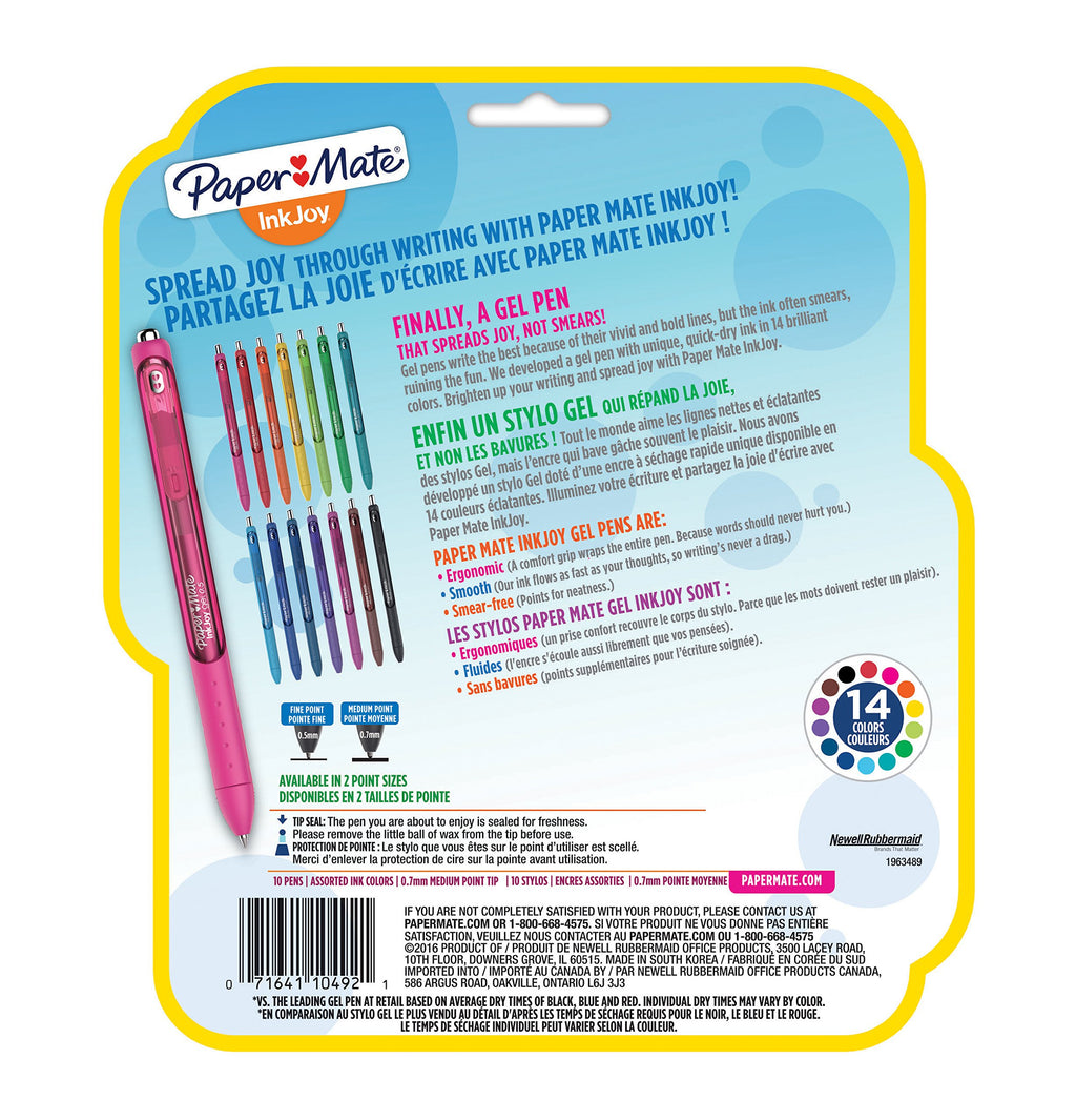 Paper Mate InkJoy Gel Pens, Medium Point, Assorted, 10 Pack, 1959301