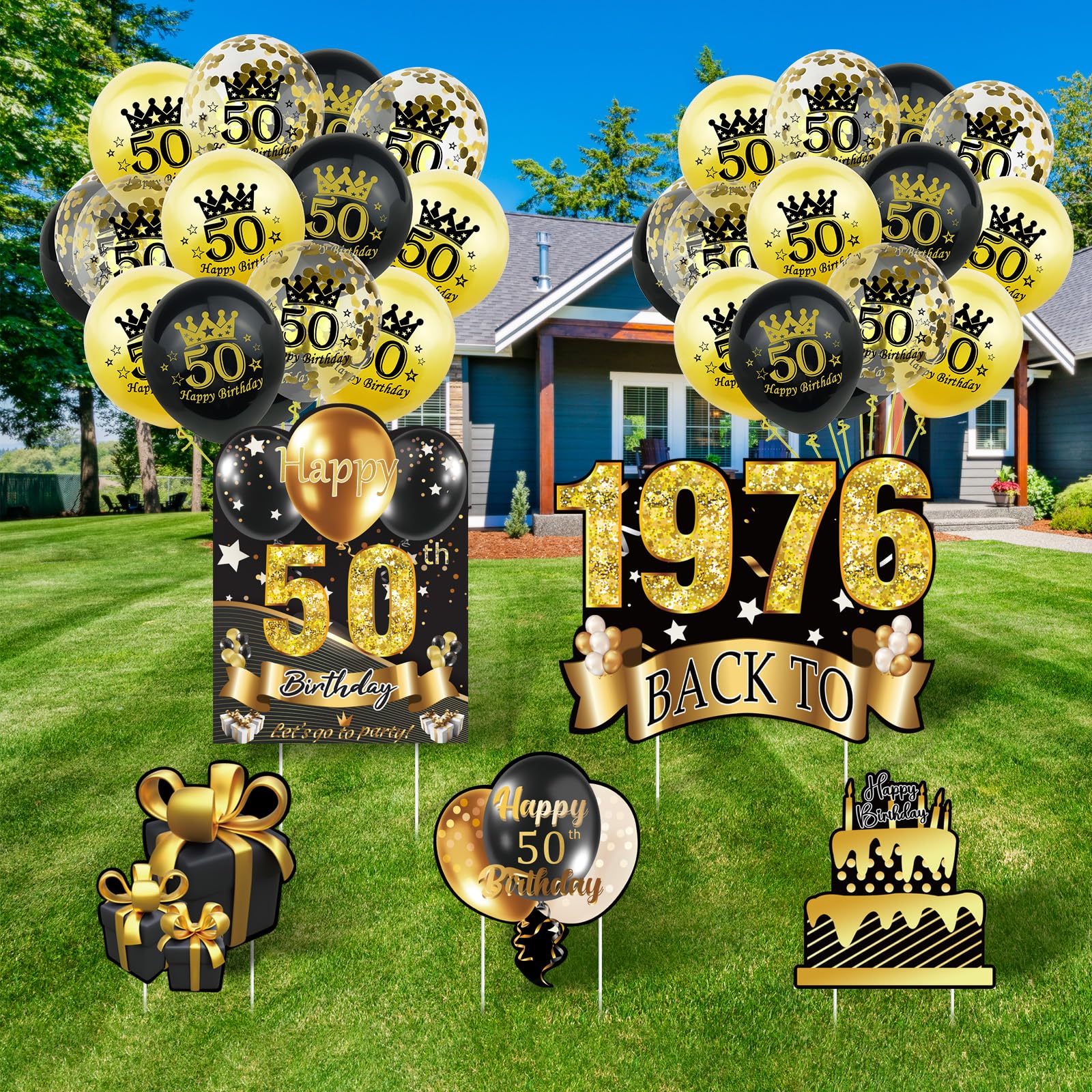 5Pcs 50th Birthday Yard Sign 16" Large Happy Birthday 50th Decorations for Men Women Birthday Party Lawn Signs Decorations with Stakes & 15pc Black Gold 50th Birthday Balloons for 50th Birthday Party
