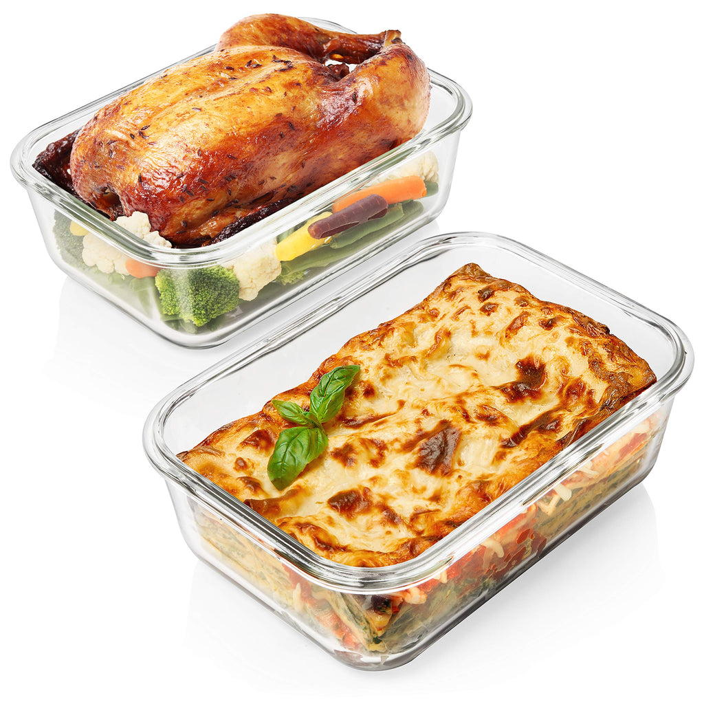 Razab 8 Cups / 63 Oz 2 Pack Large Glass Container Food Storage with Lids - Leakproof, BPA-Free Large Glass Meal Prep Container Ideal for Roasting Turkey, Store Leftover - Microwave & Oven Safe