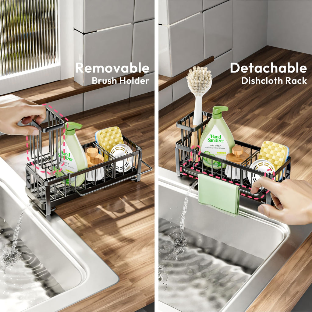 SWTYMIKI Sponge Holder for Kitchen Sink - Kitchen Sink Caddy Organzier with Auto Draining Tray & Brush Holder, Stainless Steel Dish Sponge Holder with Divider for Countertop, Black