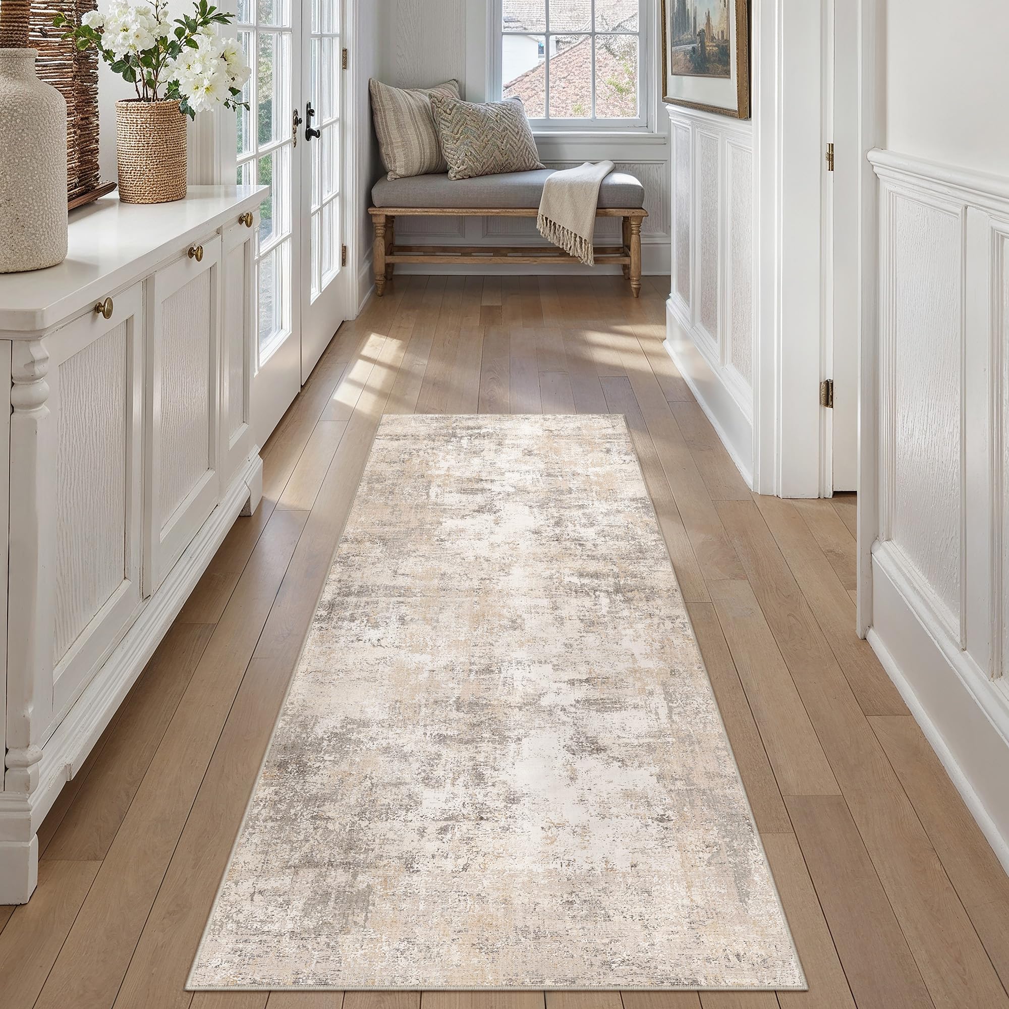 WondRg 2x6 Washable Runner Rug for Kitchen Hallway Non-Slip Beige Grey Neutral Carpet Low Pile Soft Thin Area Rug Abstract Modern Vacuumable Lightweight Runner for Entryway Bedroom Bedside Indoor