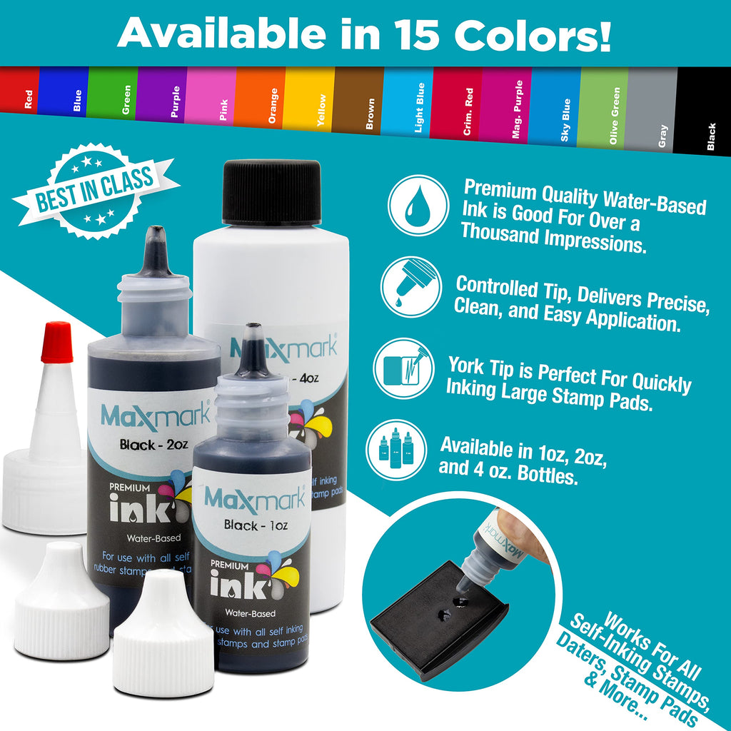 MaxMark Premium Refill Ink for self inking stamps and stamp pads, Black Color - 2 oz.